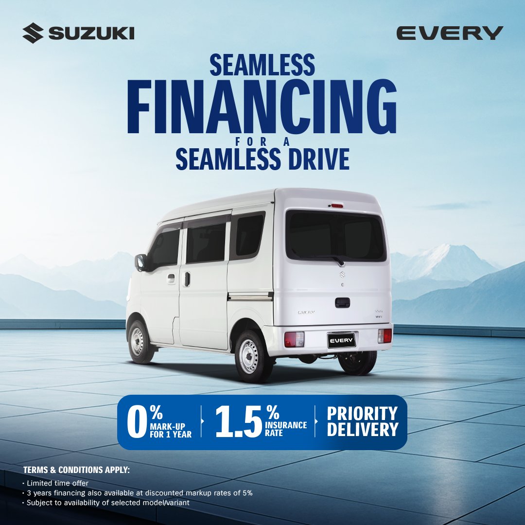 No Delays. No Markups. 
The Suzuki Every is now easier to own than ever:
- 0% mark-up for 1 year
- 1.5% insurance rate
-  Priority delivery
Whether it’s your first commercial vehicle or your next one, this is the deal that moves you forward.
#SuzukiEvery #BuiltForBusiness