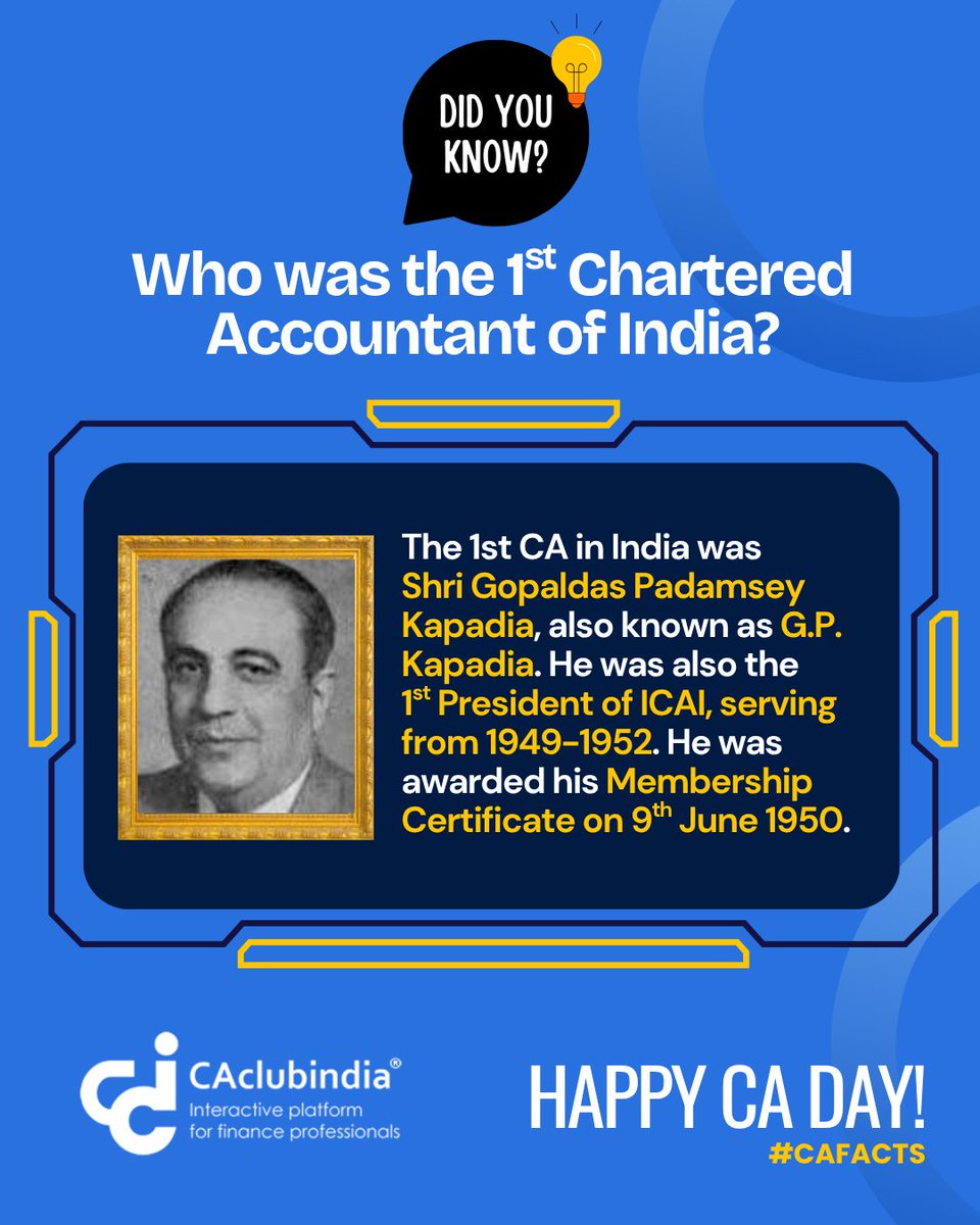 CAclubindia's tweet photo. Remembering India's first Chartered Accountant on the eve of CA Day! #ICAI #CAStudents #HappyCADay #CAFacts https://t.co/1mNKt2bLMb