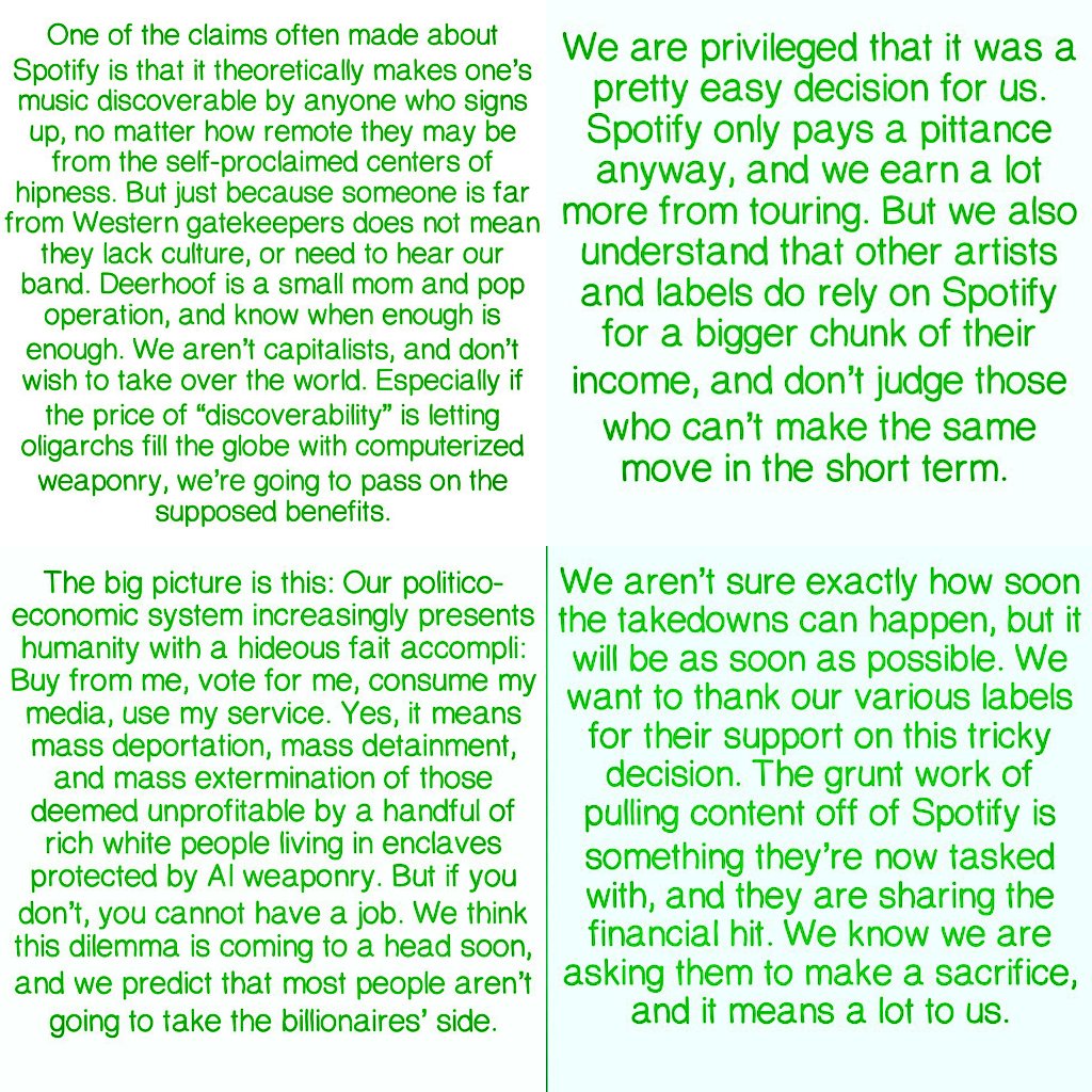Band indie-rock ternama DEERHOOF, menarik musik mereka dari Spotify,

karena Spotify terlibat dalam kompleks militer industri, pendukung berbagai perang di dunia saat ini.

Drone militer Ai produksi Helsing (perusahaan Spotify berinvestasi) juga digunakan untuk genosida di Gaza.