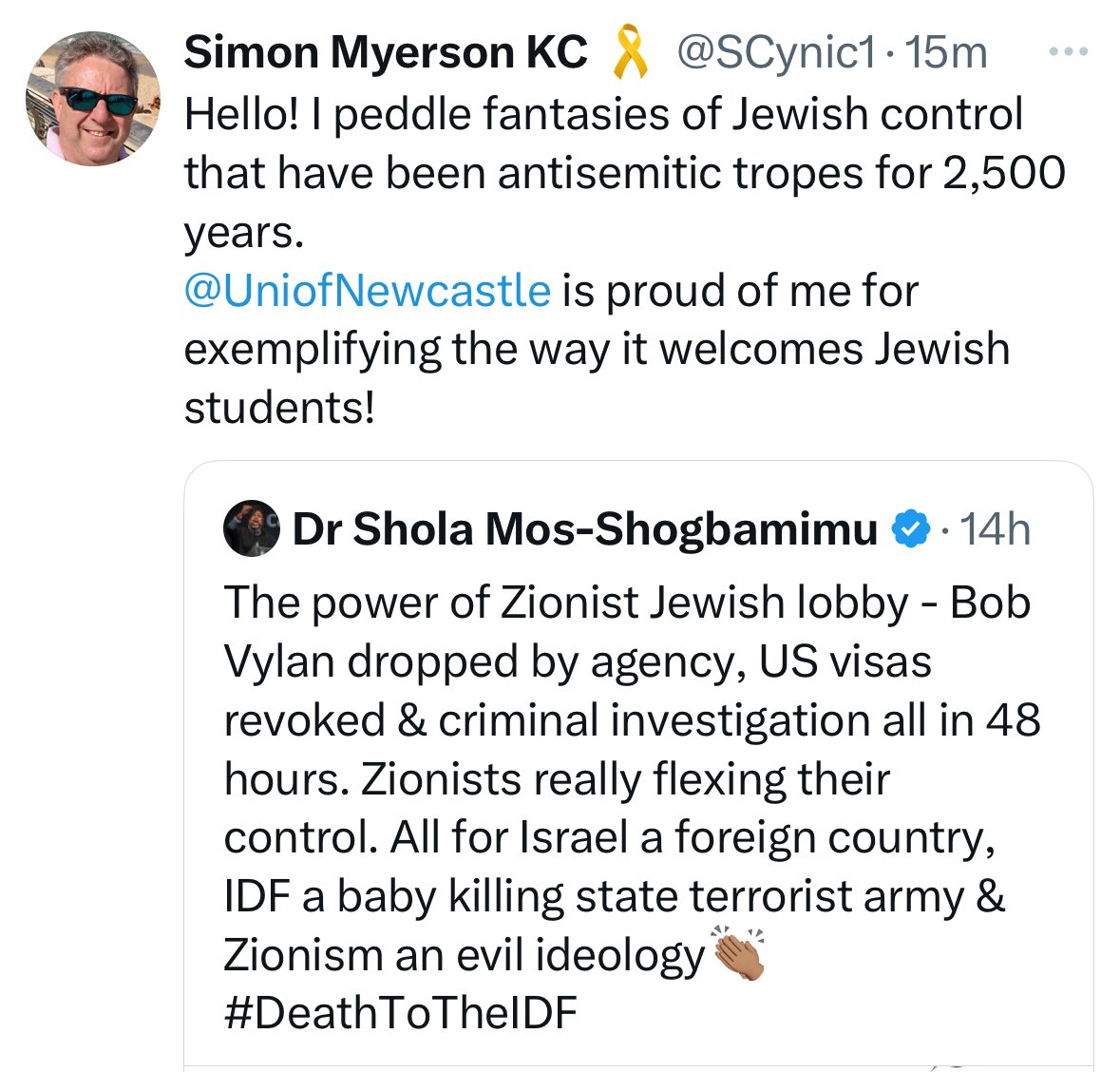 per_incuriam2's tweet image. I’m old enough to remember when tagging in a university employer with allegations of antisemitism was “bullying”, “hounding”, “creating a mob pile on”, etc.
Myerson also implied it contributed to a suicide. And here he is doing precisely the same thing. Grotesque hypocrisy.
