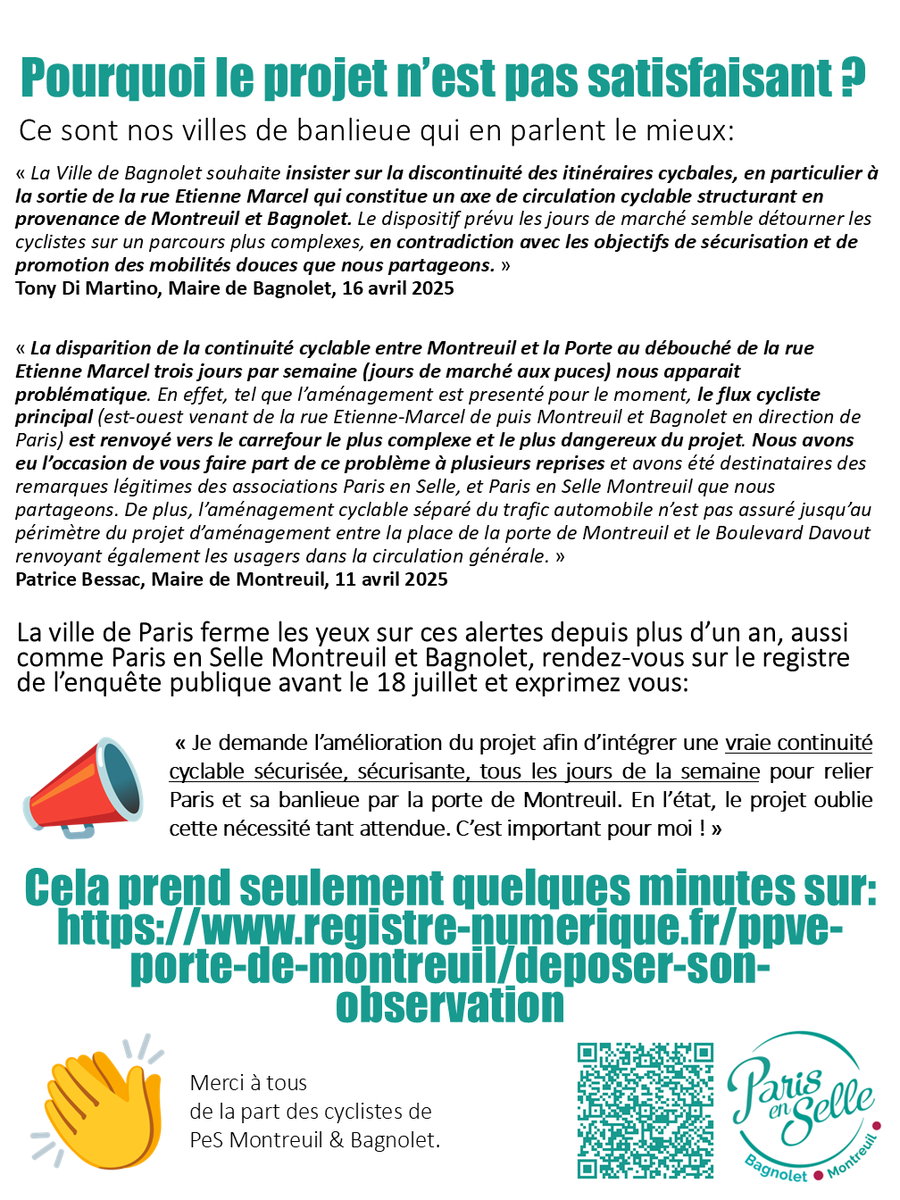 🚨Parce que le futur réaménagement de la Porte de #Montreuil mérite un aménagement cyclable de qualité, efficace&amp;sécurisé même les jours de marché! Demandez des améliorations dans l’enquête publique et soutenez ainsi les demandes de PeS Montreuil&amp;Bagnolet:
registre-numerique.fr/ppve-porte-de-…