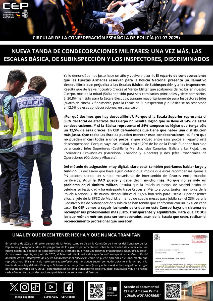 🥇 Otro año más se impone el desequilibrio en las condecoraciones militares para policías, marginando a decenas de miles de compañeros. Esa injusticia se extiende a otros ámbitos, como la Policía Municipal de #Madrid. La DAO tiene que tomar cartas en el asunto y poner fin a esto.
