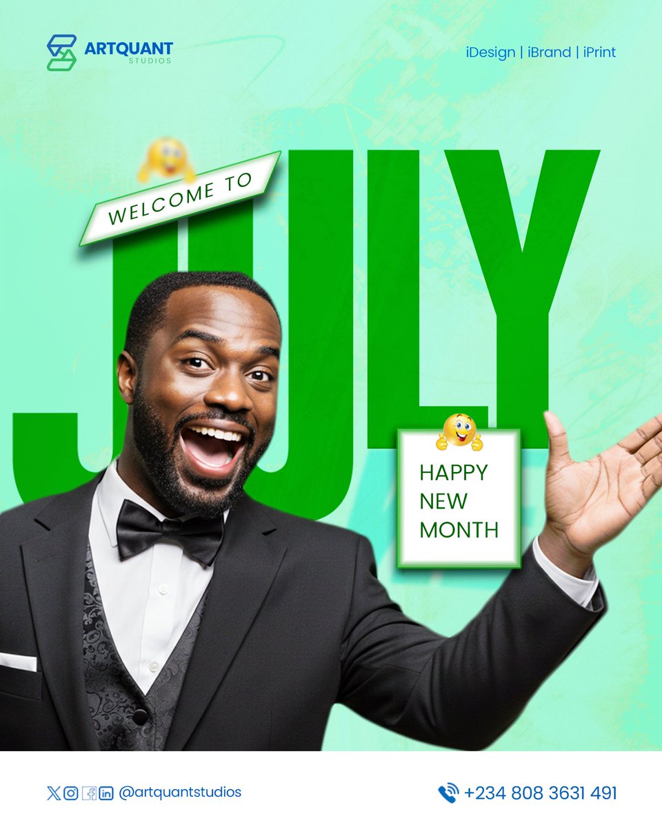 artquantstudios's tweet photo. 🎉 Welcome to JULY! 💚
A fresh month, a fresh vibe, and fresh designs from ArtQuant Studios.

Let’s make this month count — in style, in brand, and in print! 💥

📌 Happy New Month from your creative plug.
#ArtQuantStudios #HappyNewMonth #WelcomeJuly #IDesignIBrandIPrint https://t.co/Kp1DnXx4fF