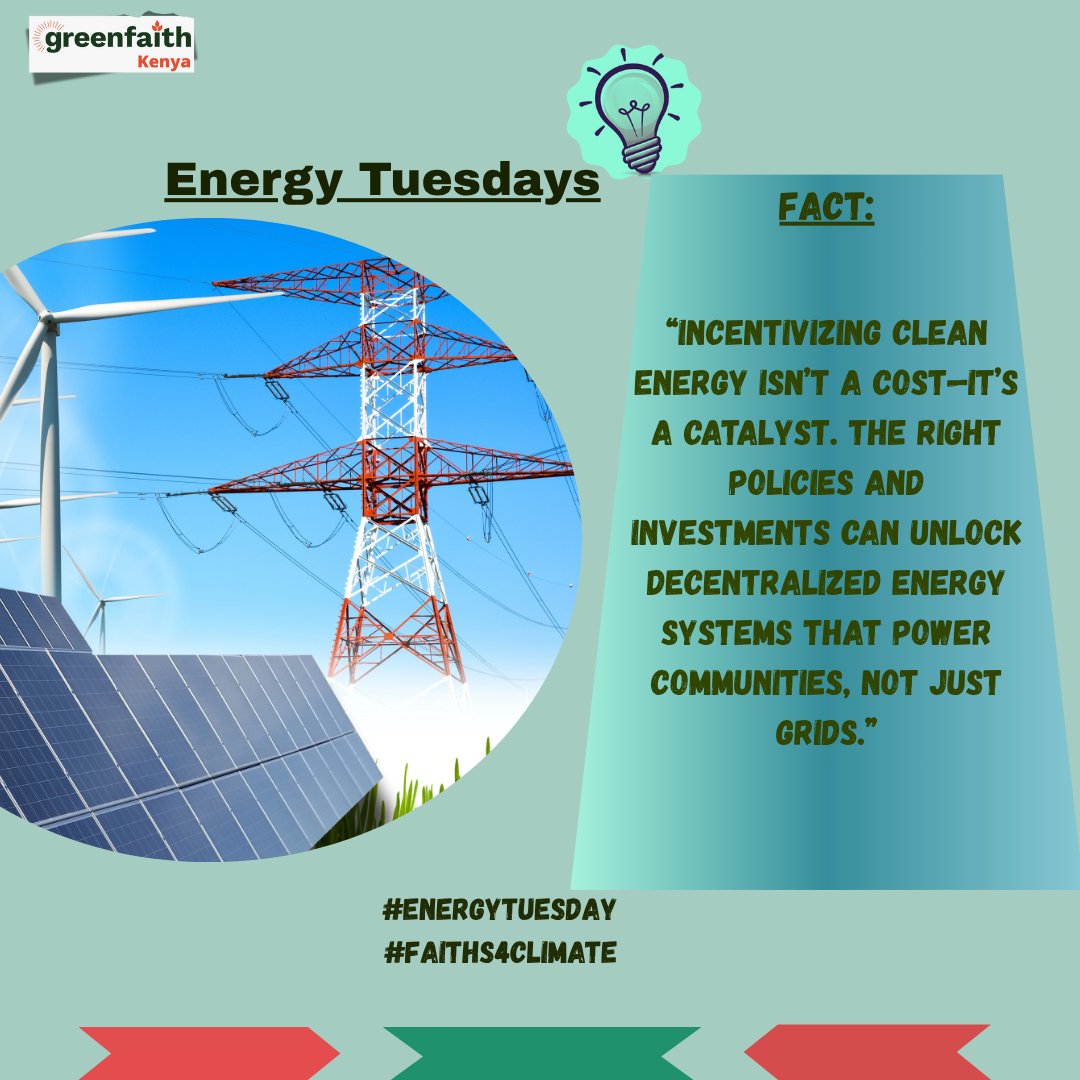 GreenfaithKE's tweet photo. #EnergyTuesday Happy Energized🔋 month!
Over 30% of Kenyans still lack electricity. It’s time to incentivize decentralized clean energy solar, mini-grids & clean cooking.
Faith calls us to be stewards. Let’s power energy justice.
#JustTransition #GreenFaith #Faiths4Climat https://t.co/SsGSa9sOk5