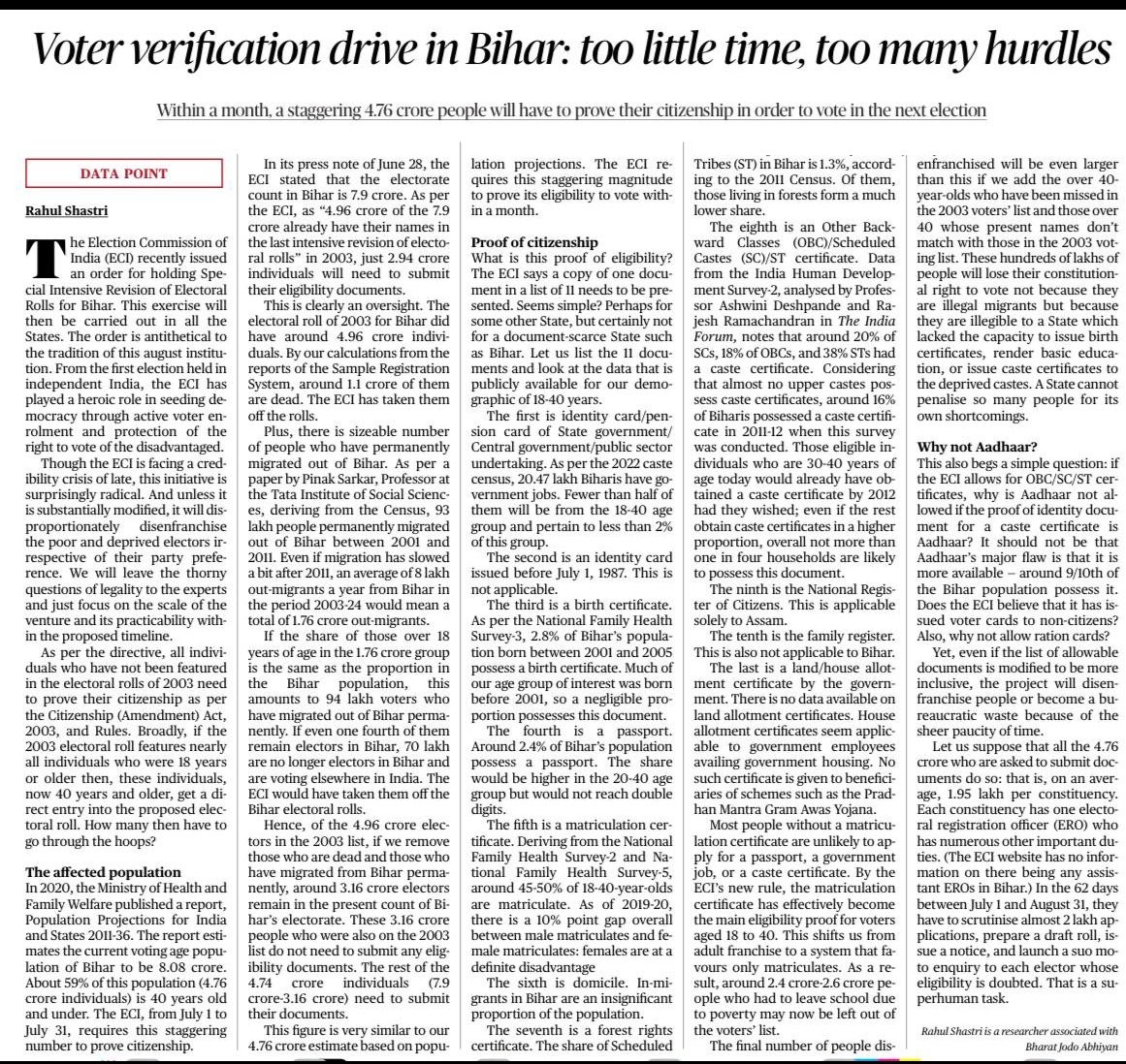 This brilliant <a href="/the_hindu/">The Hindu</a> piece by Dr Rahul Shastri exposes the EC lie that 4.96 cr existed on 2003 list and don’t need to submit proof of citizenship. The real figure: around 3.16 cr. 
Also, he offers the first estimate of availability of each of the 11 certificates demanded by