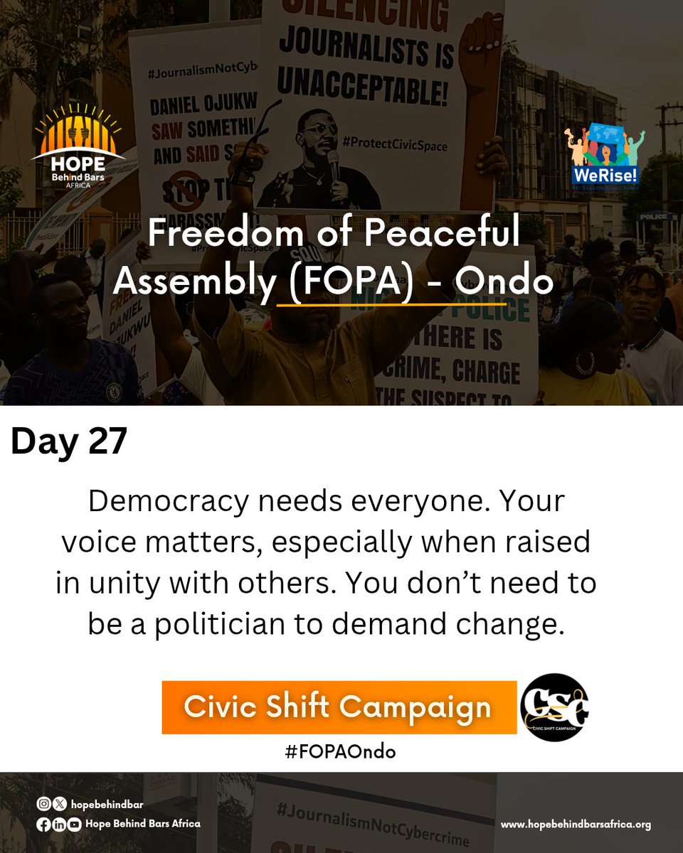 #FOPAOndo
#NonViolentVoices
#CivicShiftCampaign
#HopeBehindBarsAfrica
<a href="/hopebehindbar/">HOPE BEHIND BARS AFRICA (Criminal Justice Reforms)</a>