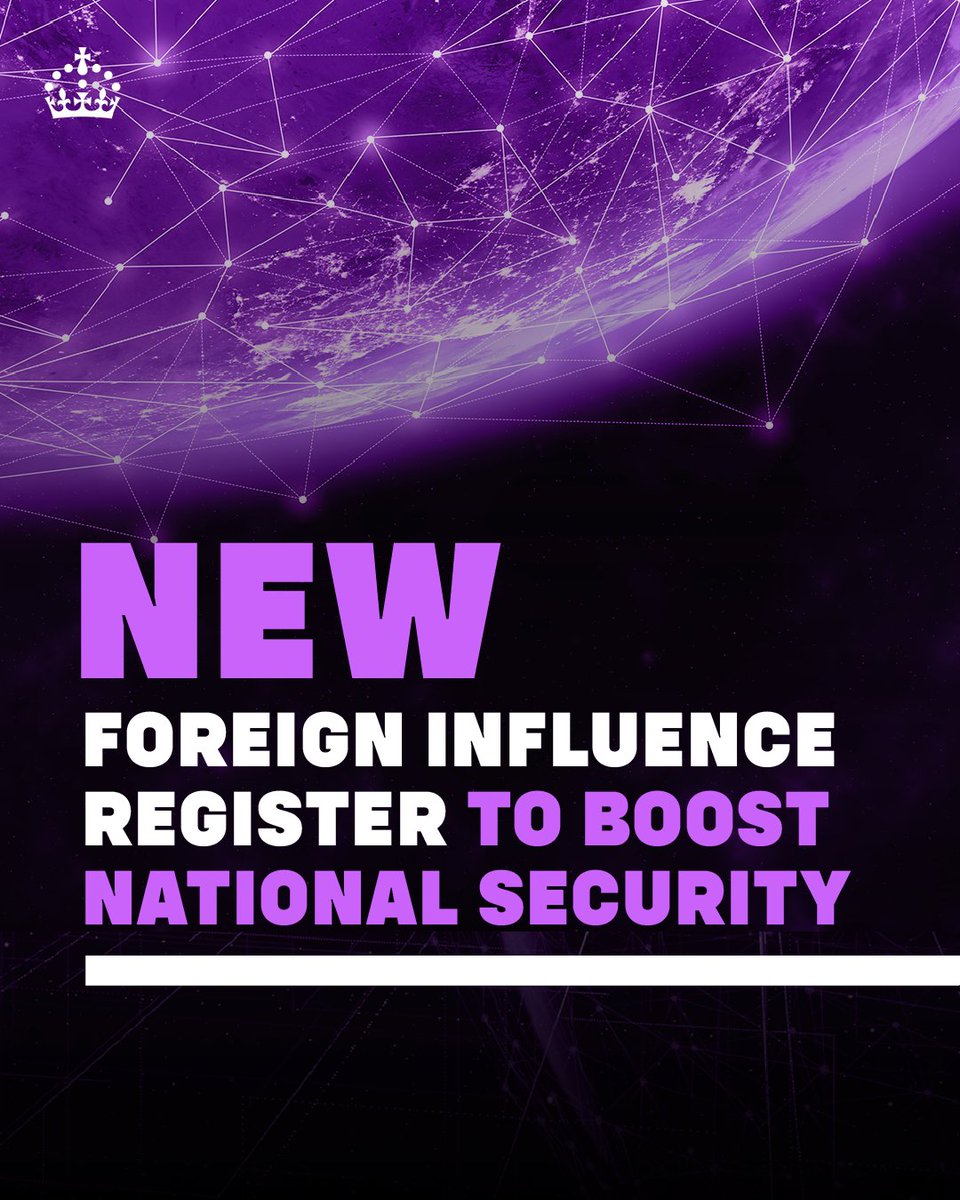 From today, the Foreign Influence Registration Scheme will shine a light on political influence driven by foreign powers. 
 
Additionally, anyone acting on behalf of Russia or Iran must declare their activities.
 
This is a vital step in keeping the UK safe.