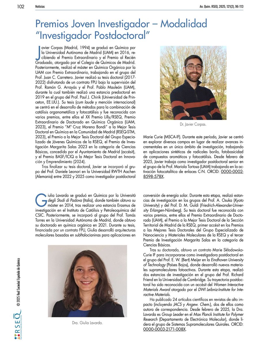 Honoured to be featured in the latest issue of Anales de Química by <a href="/RSEQUIMICA/">RSEQ</a> on the occasion of the RSEQ 2025 #Postdoctoral #Researcher #Awards 📖🧪✨

Truly grateful to the committee, the journal, and everyone who has supported me along the way.

analesdequimica.es/index.php/Anal…
