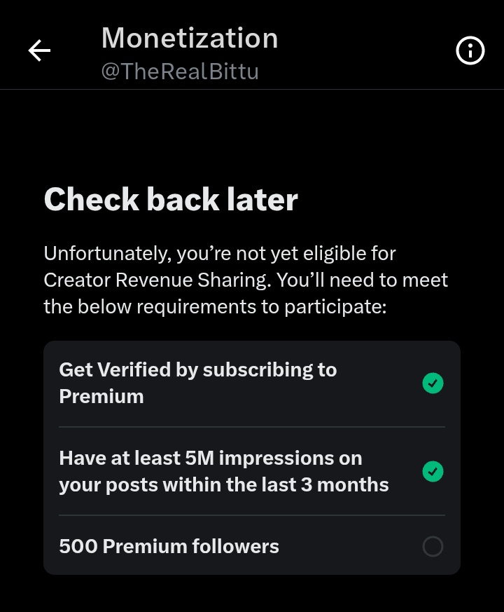TheRealBittu's tweet image. I’ve done the hard work.
5M+ Impressions ✅
Got Verified ✅
Now I need YOU to complete the mission: 🙏🏻 
NEED 500 Premium followers (only 150+ right now)
Be part of my journey. Help me get monetized on X. 
Let&apos;s make it big together 💥
#PremiumSupport