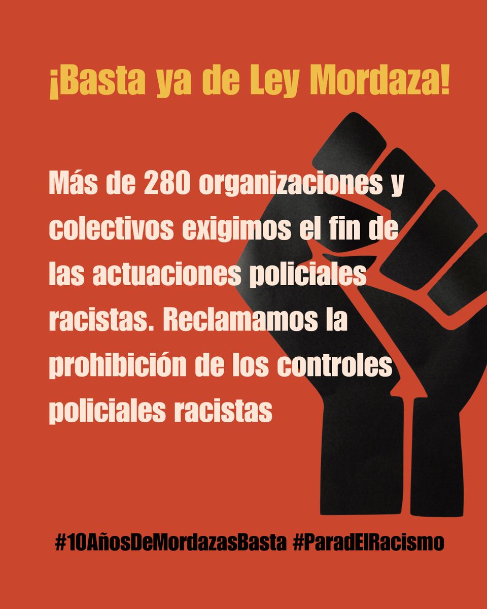 Nosomosdelito's tweet image. Reclamamos una reforma urgente de esta Ley para que deje de vulnerar derechos humanos: acabar con el racismo institucional que ampara esta ley, prohibiendo los controles policiales racistas así como las ilegales devoluciones en caliente. #10AñosDeMordazasBasta #ParadElRacismo