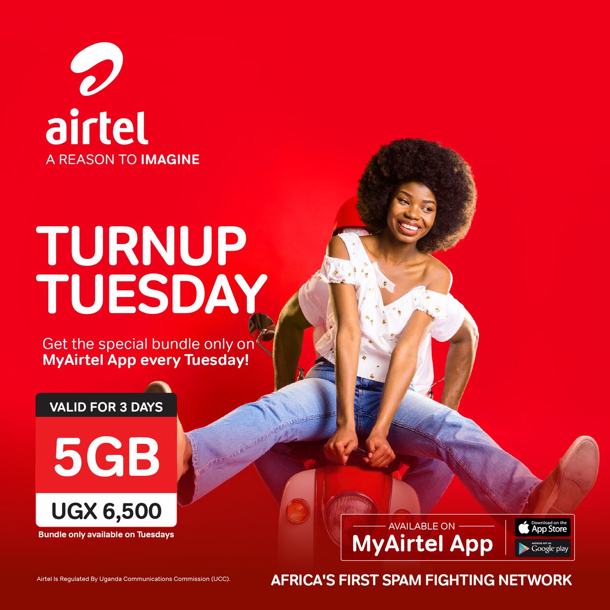 It’s giving data overload 😮‍💨5GB for just UGX 6,500—valid for 3 whole days.
Only on Tuesdays. Only on the MyAirtel App.

#turnuptuesday