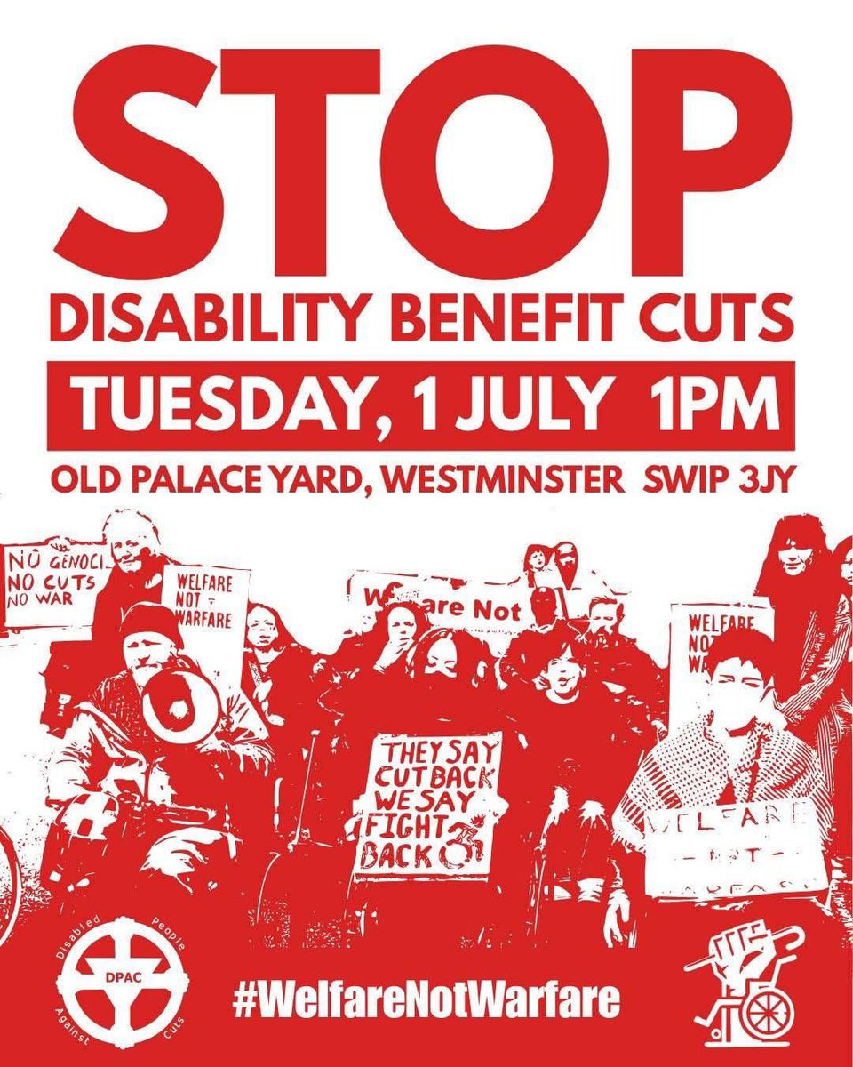 #StopDisabilityBenefitCuts 

Today is the second reading of the PIP (Personal Independence Payments) and UC (Universal Credit) Bill 

There is a vigil/protest at Old Palace Yard, Westminster, London SW1P 3JY 1pm 

Please spread the word 

Please bring a hat, sun cream &amp; water