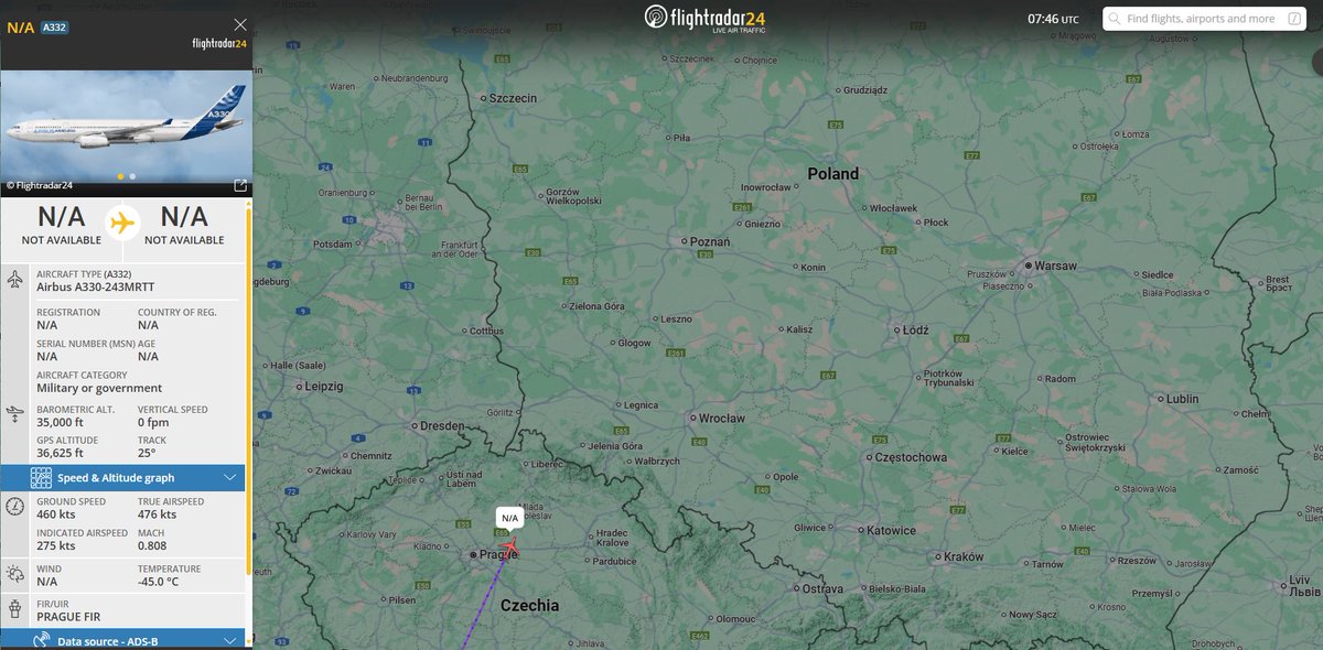 PolishMilRadar's tweet photo. ⌚️01.07.2025 09:48LT
🇫🇷Siły Powietrzne Francji
✈️Airbus A330-243MRTT "F-UJCG"
#CTM1084 na wysokości FL350
🛫Baza Istres-Le Tubé #LFMI
🛬Poznań #EPPO
🔗https://t.co/78PULg0M30
#POLMILRADAR https://t.co/QUd63UXneJ
