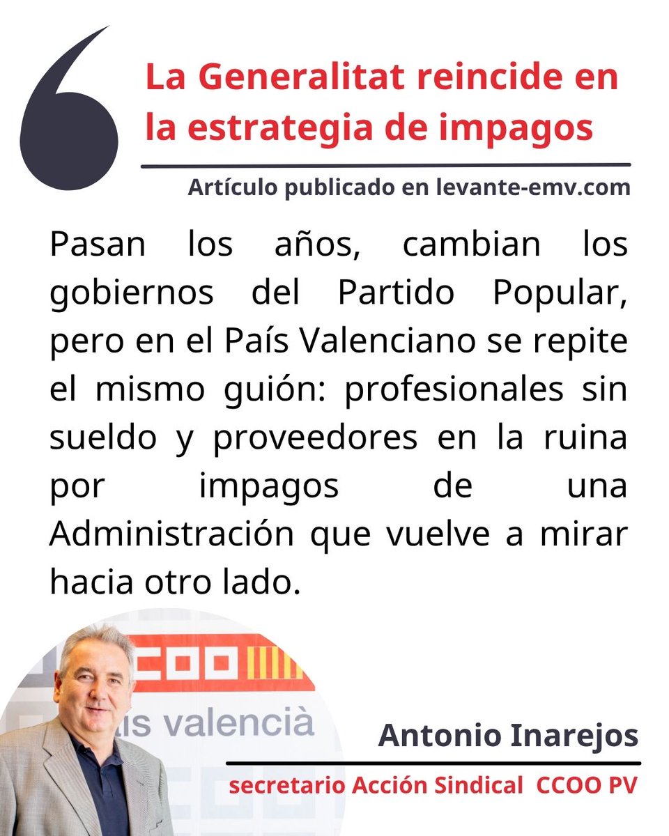 CCOO País Valencià (@ccoopv) on Twitter photo ✍🏽Antonio Inarejos: 'La <a href="/generalitat/">Generalitat</a> reincide en la estrategia de impagos'.
📰Doce años después, otro Consell se da el lujo propagandístico de eliminar impuestos a las rentas más altas y a los grandes patrimonios, mientras recorta servicios públicos.
🔗acortar.link/7VHjB8 ✍🏽Antonio Inarejos: 'La <a href="/generalitat/">Generalitat</a> reincide en la estrategia de impagos'.
📰Doce años después, otro Consell se da el lujo propagandístico de eliminar impuestos a las rentas más altas y a los grandes patrimonios, mientras recorta servicios públicos.
🔗acortar.link/7VHjB8