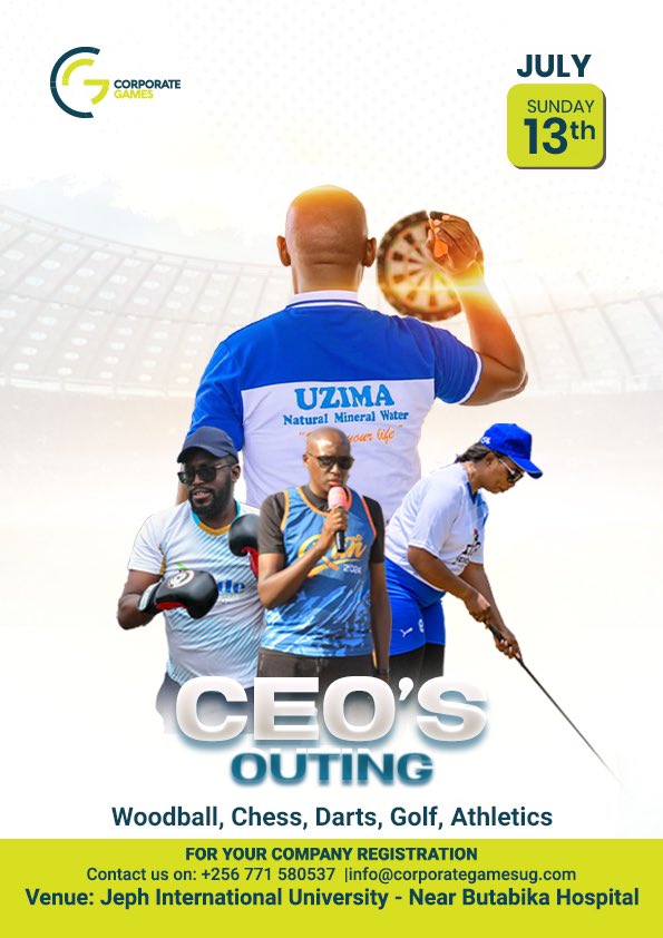 The countdown is on 12 days to the Corporate Games #CEOOuting2025 of the year

📆 13th July 2025
📍Jeph International University Opp Butabika hospital

Ready to compete, network, and grow

Join your CEOs for a day of sports

EMAIL: info@corporategamesug.com
#CorporateGamesUg