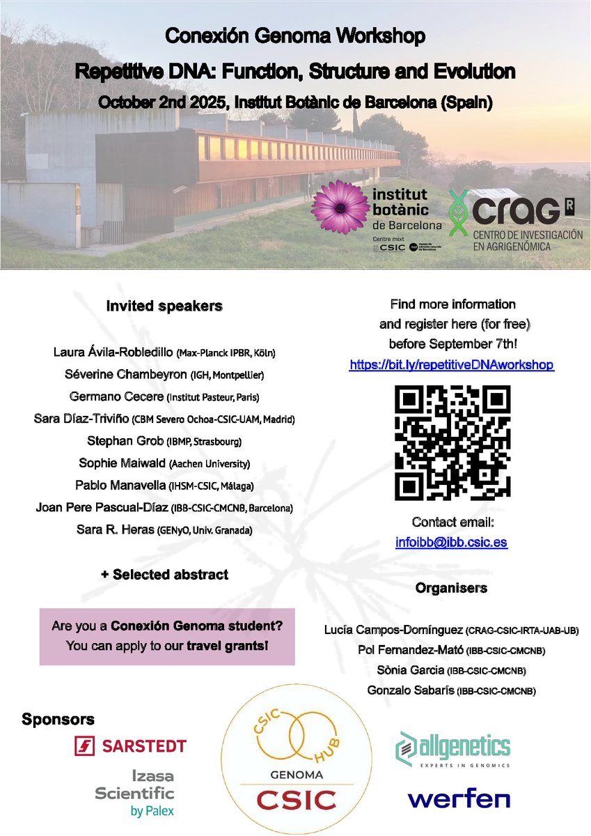 Genoma Hub CSIC (@genomahubcsic) on Twitter photo SAVE THE DATE! Workshop on "Genome Dynamics in Development and Disease" 🧬🧬
📍<a href="/IBB_botanic/">Institut Botànic de Barcelona</a>, Barcelona
🗓️Oct 2, 2025
📑Programme: bit.ly/3TD913v
Register here➡️bit.ly/repetitiveDNAw… SAVE THE DATE! Workshop on "Genome Dynamics in Development and Disease" 🧬🧬
📍<a href="/IBB_botanic/">Institut Botànic de Barcelona</a>, Barcelona
🗓️Oct 2, 2025
📑Programme: bit.ly/3TD913v
Register here➡️bit.ly/repetitiveDNAw…
