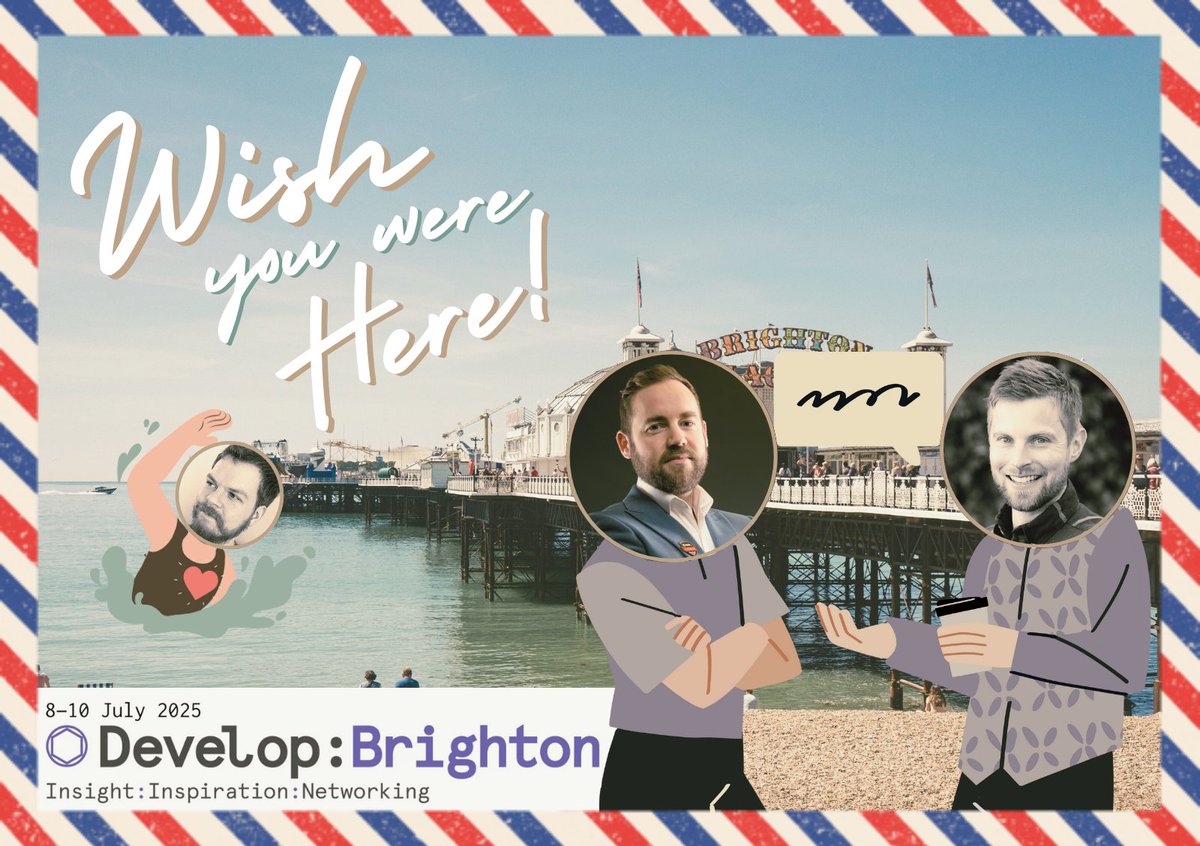 Kuoda's tweet image. James, Jake, and Scott return to Develop: Brighton @developconf next week - ready to eat some ice cream, soak up the sun and catch up with everyone. They've even sent this post card (because they wish you were there too!)
Don't forget to say hi if you fancy a chat 🍦🏖️