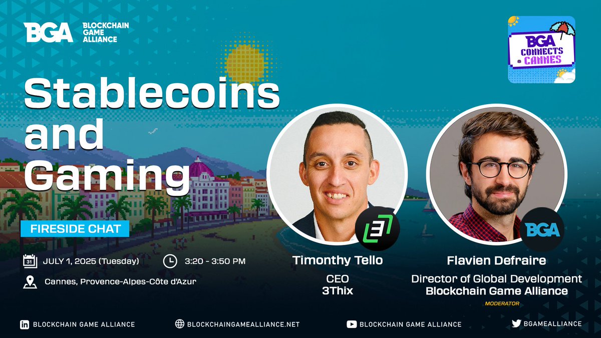 Our CEO <a href="/timtello/">Tim Tello</a> will be sharing his perspective on Stablecoins &amp; Gaming at <a href="/BGameAlliance/">Blockchain Game Alliance</a> Fireside Chat.

🎙️Stablecoins &amp; Gaming 
🗓️Today
⏰3:20 – 3:50 PM
🇫🇷 Cannes, France 

If you are at #EthCC2025 make sure to book your spot!
lu.ma/kga6m1r5