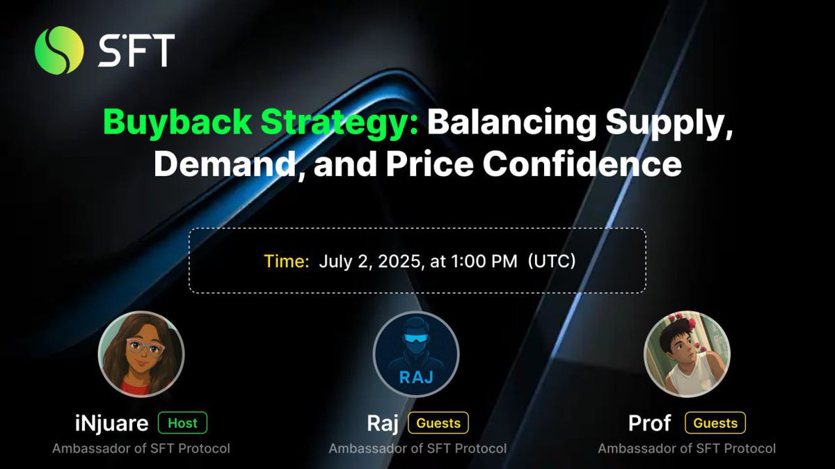 SFTProtocol's tweet image. 📢 AMA Alert: Buyback Strategy in Focus!
Topic: Buyback Strategy: Balancing Supply, Demand, and Price Confidence
🗓 Date: July 2, 2025
🕐 Time: 1:00 PM (UTC)
📍 Venue: discord.com/channels
🎤 Host: iNjuare – Ambassador of SFT Protocol
👥 Guests: Prof & Raj – Ambassadors of…