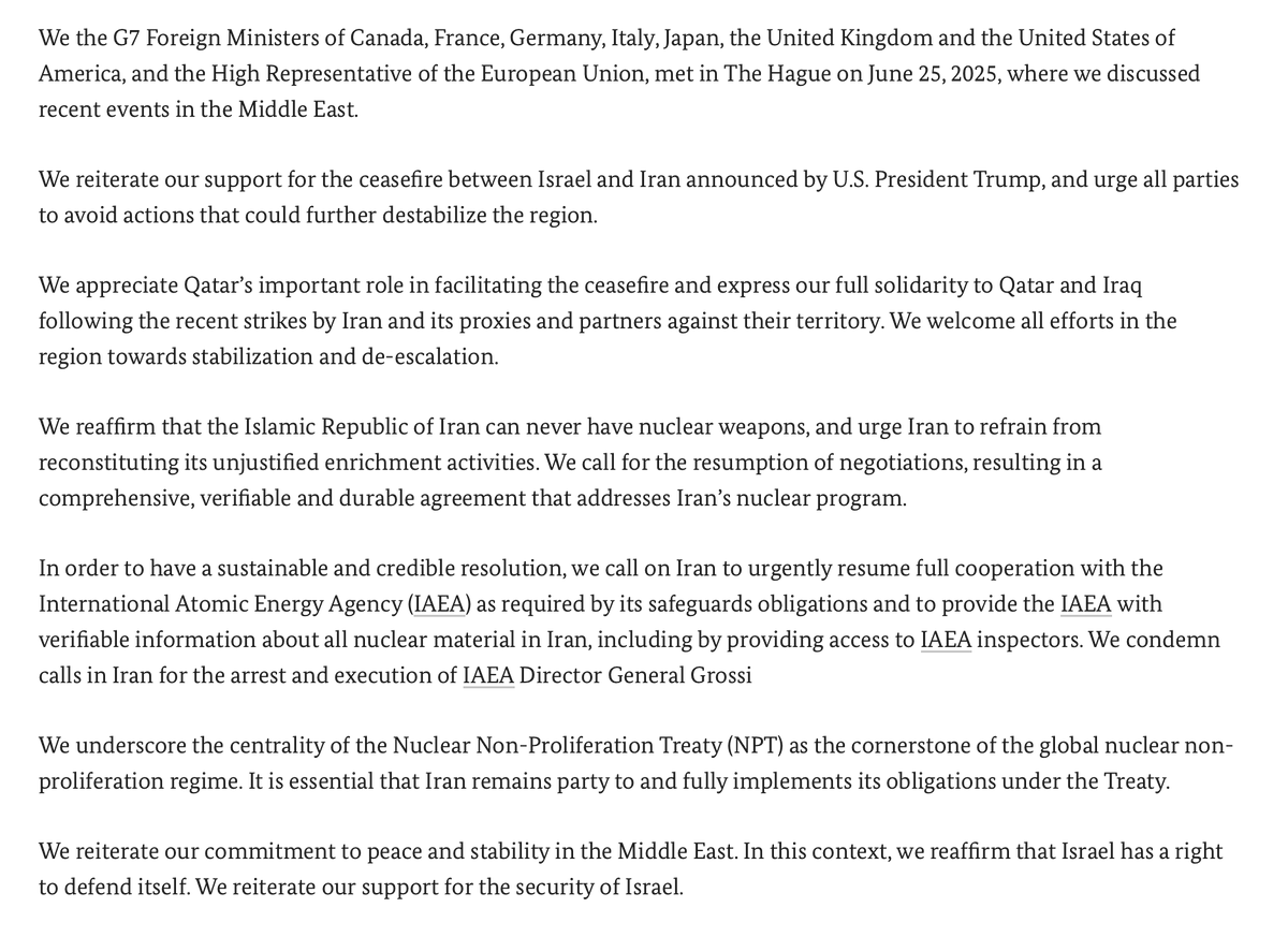 GermanAmbUK's tweet image. Important statement by G7 🇨🇦🇫🇷🇩🇪🇮🇹 🇯🇵🇬🇧🇺🇸 🇪🇺 foreign ministers on Iran and the situation in the Middle East supporting the ceasefire and calling on Iran to fully cooperate with the IAEA.