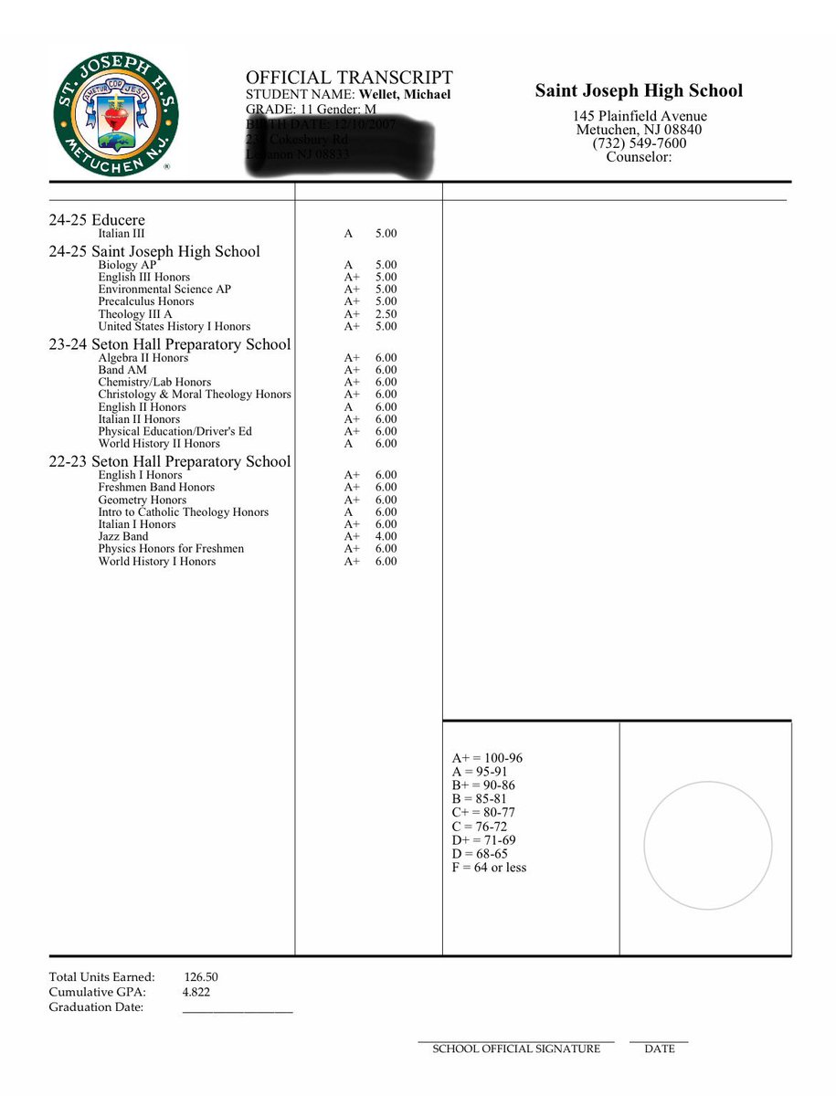 Michael_Wellet's tweet image. To follow my end of year grades are my 6-semester transcript &amp;amp; senior schedule for those who are interested. @StJosephFB @TeamGetBodied @mfarrellsports @damehova9 @ScoutNickP @DebraWellet