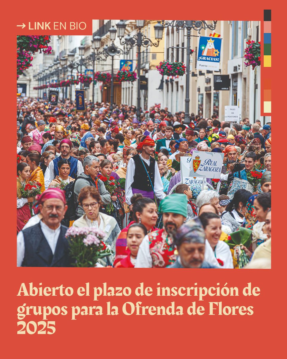 📣 ¡Abierto el plazo de inscripción de grupos para la Ofrenda de Flores 2025! 💐
 
 ℹ️Los grupos deberán estar formados por un mínimo de 20 personas y un máximo de 200 personas. Además, los oferentes individuales podrán participar sin inscripción previa entre las 7:00 y las 20:00