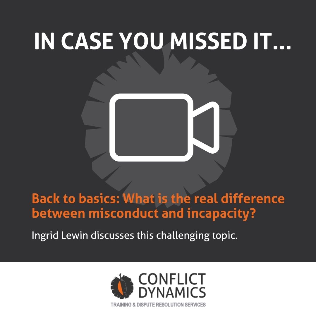 🔊 Watch experienced Labour Lawyer, Ingrid Lewin, unpack the challenges of distinguishing between misconduct and incapacity. Including a look at tricky grey areas—like what to do when an employee performs well but just doesn’t “fit in.” 
Watch here: conflictdynamics.co.za/Videos/Watch/7…