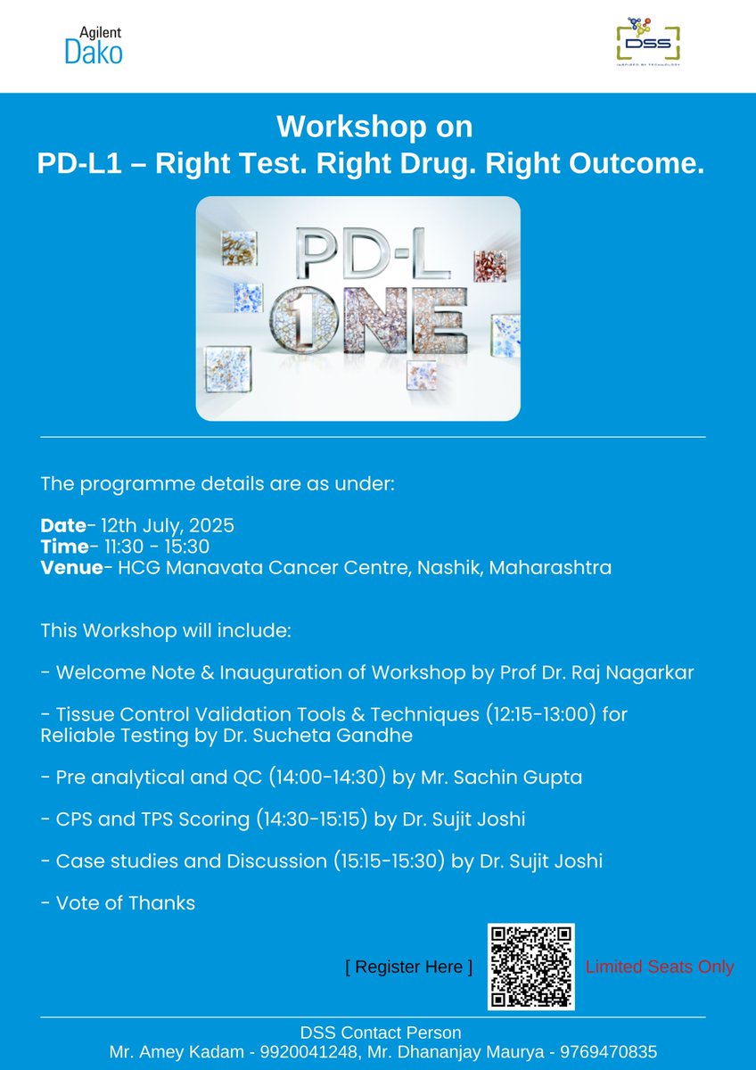 DSSImagetech's tweet image. Join Us for an Exclusive Workshop on PD-L1
Right Test. Right Drug. Right Outcome

Date: 12th July, 2025
Time: 11:30AM–3:30PM
Venue: HCG Manavata Cancer Centre, Nashik, Maharashtra

Registration Link – docs.google.com/forms/d/1P2ZLa…

#DSS #inspiredbytechnology #biotechnology #workshop