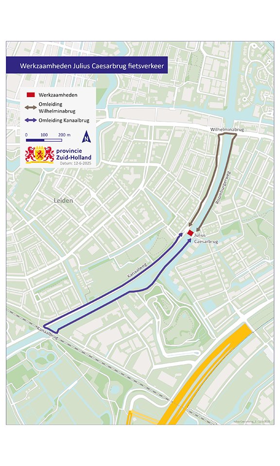 De #JuliusCaesarbrug #Leiden is van maandag 7 juli 06.00 uur t/m zondag 31 augustus 06.00 uur afgesloten voor onderhoud. Fietsers en voetgangers kunnen de Kanaalbrug of de Wilhelminabrug gebruiken om het water over te steken. Volg de omleidingsroutes. 👉 bit.ly/44kViEF