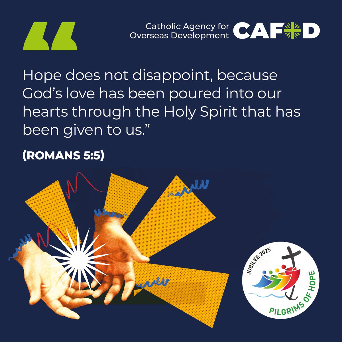 CAFODprayer's tweet image. Inspired by Pope Leo's words, we continue #Jubilee2025
"Let us live our faith, especially during this Jubilee Year, in search of hope; but seeking to be ourselves the witness that offers hope to the world."
Pray with us that we will be a people of hope 🙏
cafod.org.uk/pray/jubilee-p…