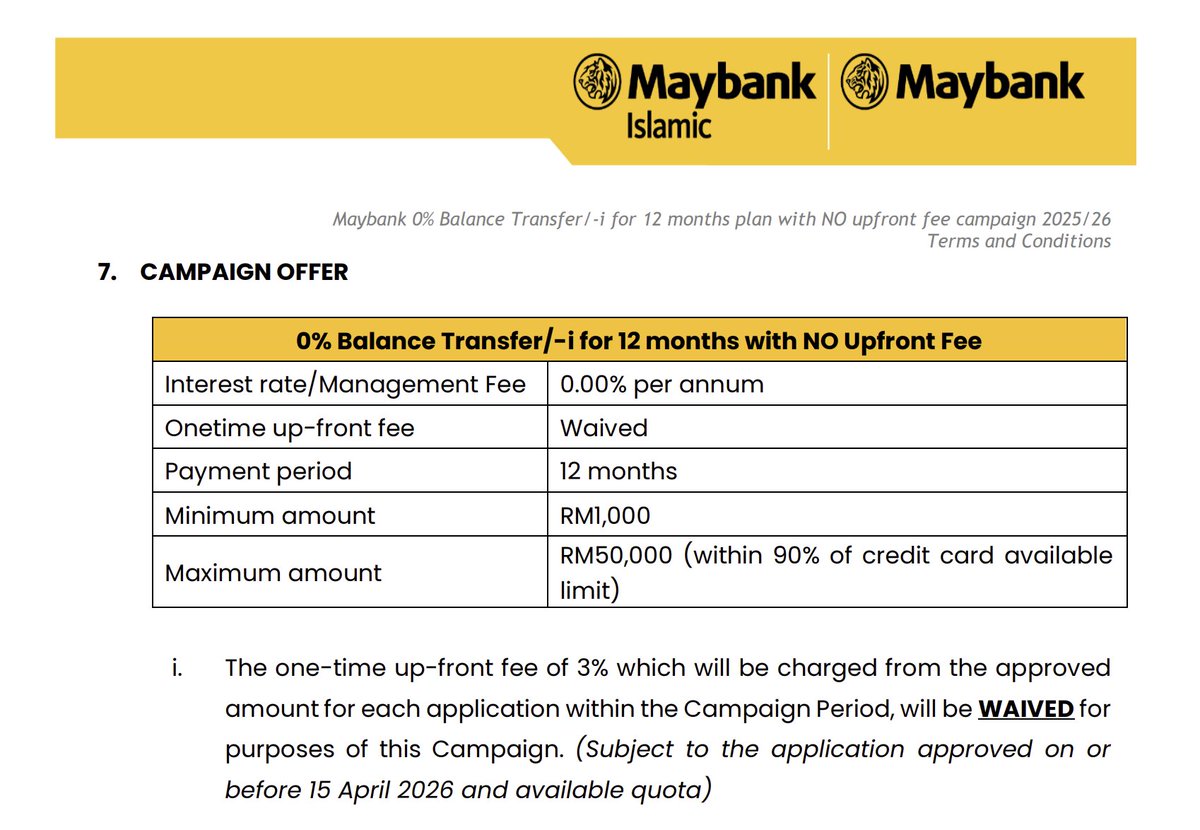 Ok, here’s a hack.

Let’s say you’re renovating your house.

- You pay RM10k with your other credit card (HSBC, PBBANK, etc.).

- You apply for the Balance Transfer.

- Maybank pays off the balance.

- You now owe them RM10k, which you pay over 12 months at 0% interest.