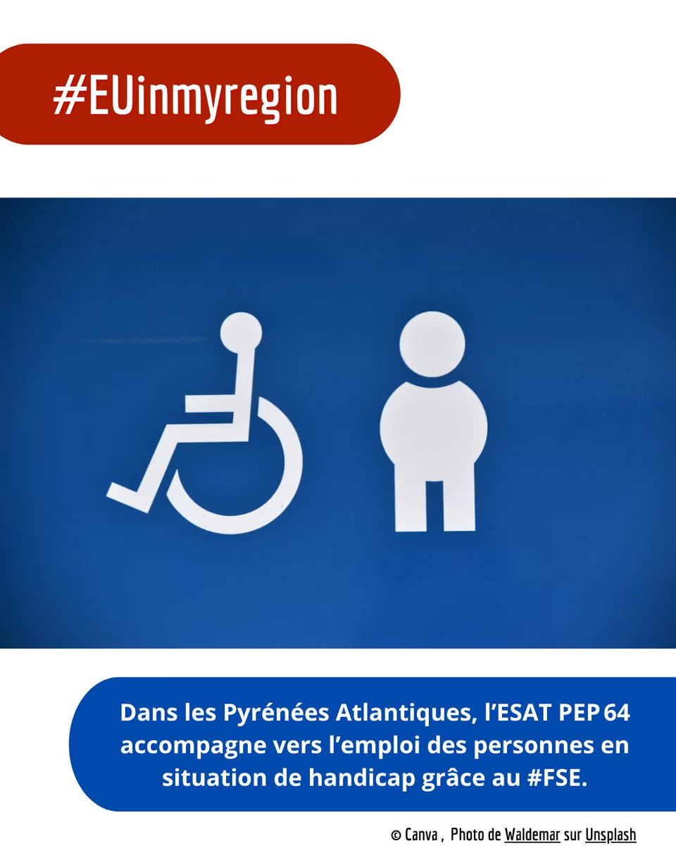 #EUinMyRegion
Dans le <a href="/departement64/">Pyrénées-Atlantiques</a>, l’ESAT PEP 64 accompagne vers l’emploi des personnes en situation de handicap grâce au #FSE

💶 En 2024, 30 bénéficiaires.
🎯 Réseau d’entreprises, levée des freins, parcours sur mesure.
🔗 urlr.me/vbcy56 
Photo by <a href="/unsplash/">Unsplash</a>