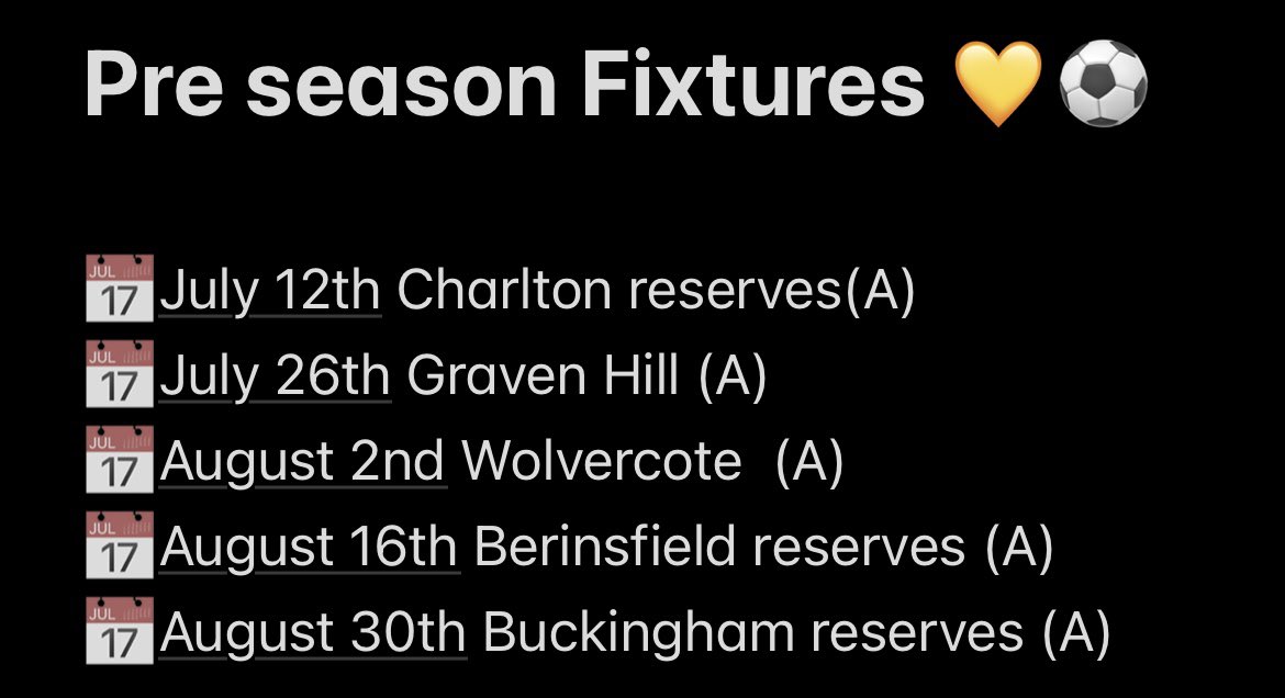 How our pre season schedule is shaping up. We still have availability for the following…. 

9th August 
23rd August 

Drop me a message if you are interested and can host 👍🏻💛