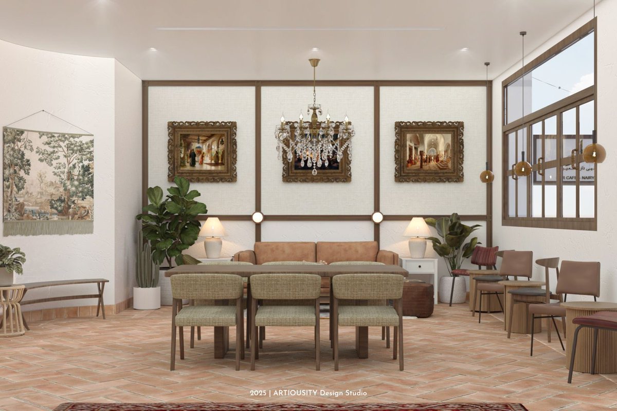 artiousity's tweet photo. Homy, cozy and vintage
اسم المشروع: 
مقهى دار

الموقع 📍:
النعيرية

الخدمة:
تصميم داخلي
تصميم علامة تجارية

ريحة القهوة، دفء الثريا، وسجادة من مجلس جدّتك... أخشاب، أقواس، فريمات تلامس الذاكرة، ولمسة خضراء بسيطة تكسر الألوان.
هذا هو "دار" — مقهى بطابع البيت، لكن بطريقتنا.

#تصميم https://t.co/if3HUNatU0