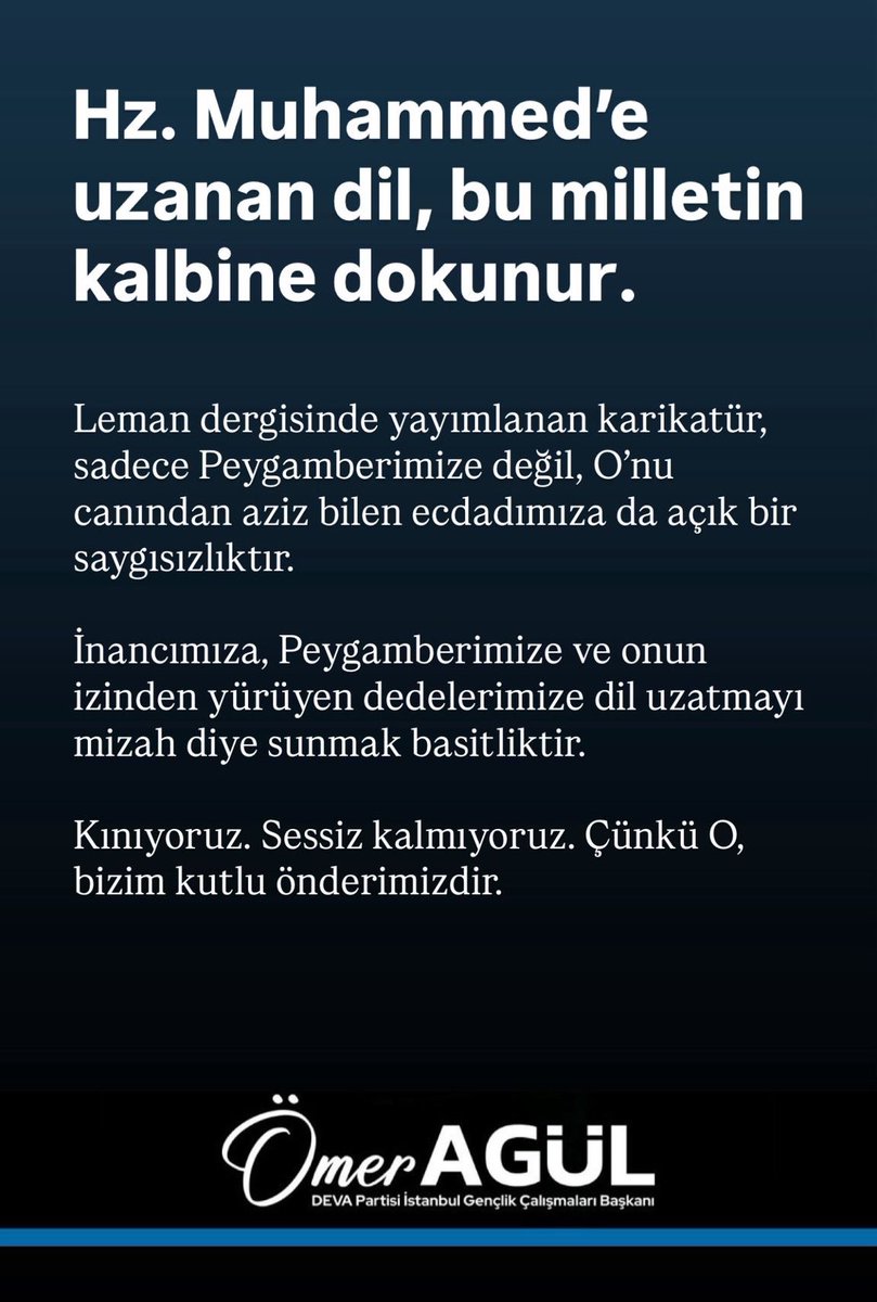 Mizah adı altında yapılan bu hadsizliği ve saygısızlığı asla kabul etmiyoruz.
İfade özgürlüğü; nefret yaymak, toplumu kutuplaştırmak ya da inançları küçümsemek için bir kalkan olamaz.

Bu milletin dini, kültürü ve ahlaki değerleri kimsenin alay konusu değildir, olamaz.
Gençlik