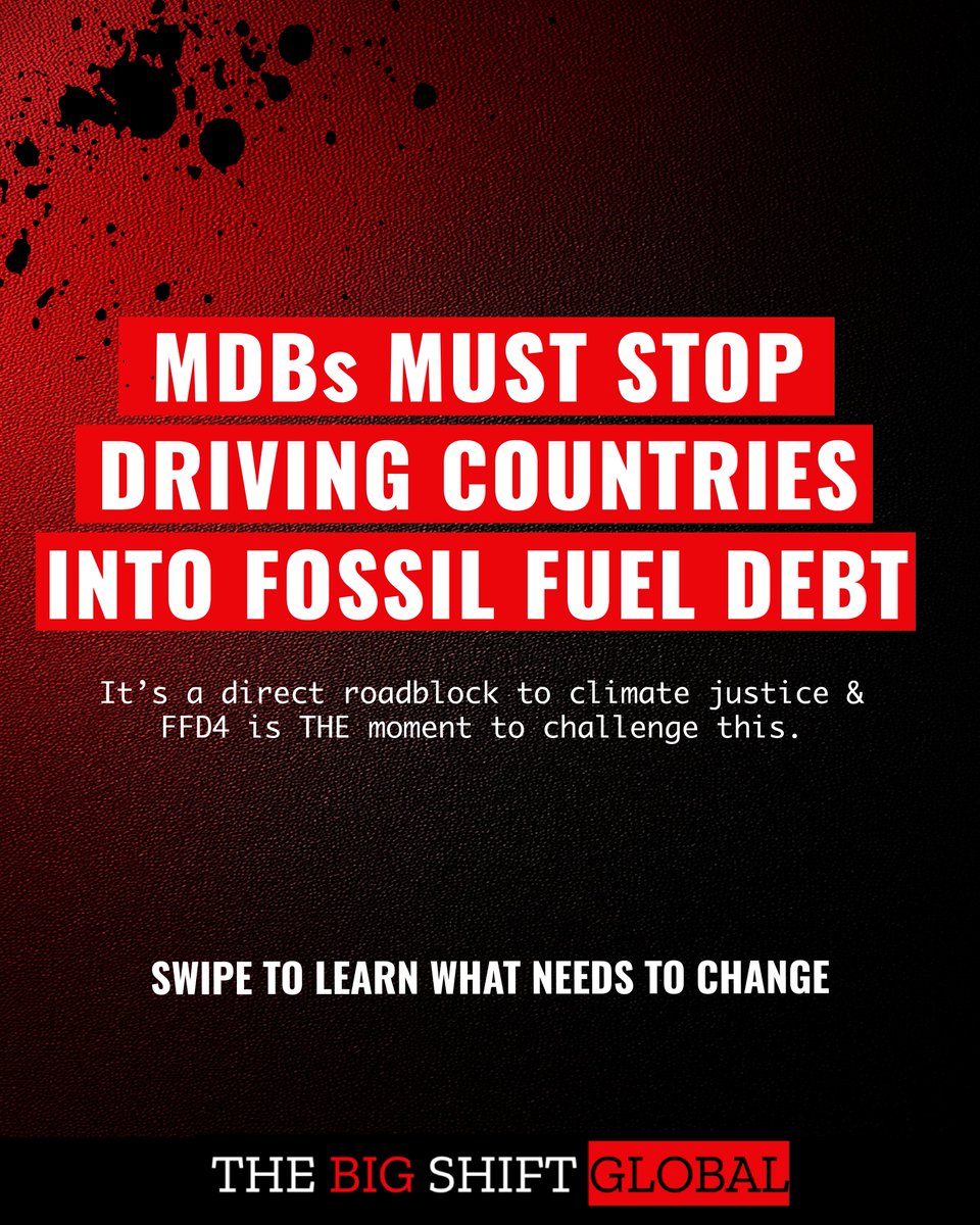 bigshiftglobal's tweet image. MDBs are bankrolling fossil fuel debt and choking Africa’s future. 🌍❌
#FFD4 is time to shift to clean, community-led energy that powers growth and fairness for all.
This is why bold reform at FFD4 means everything 👇bigshiftglobal.org
#SystemChangeNow #FFD4People
