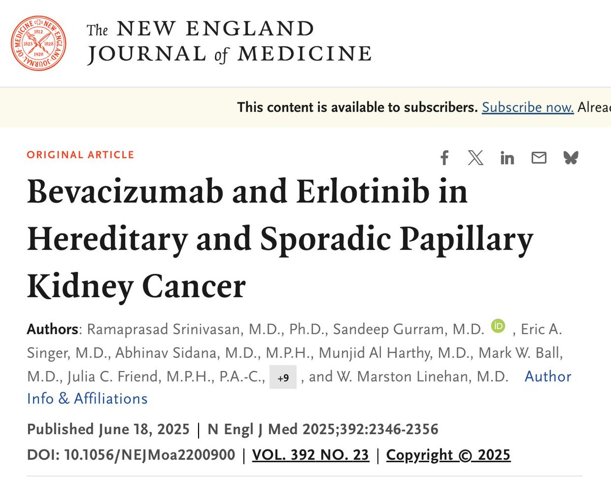 ⚡️ On <a href="/NEJM/">NEJM</a> - Bevacizumab + Erlotinib shows clinical activity in both hereditary and sporadic papillary renal cell carcinoma.
Confirmed response:

- 72% in HLRCC-associated
- 35% in sporadic cases

#kidneycancer 

nejm.org/doi/full/10.10…