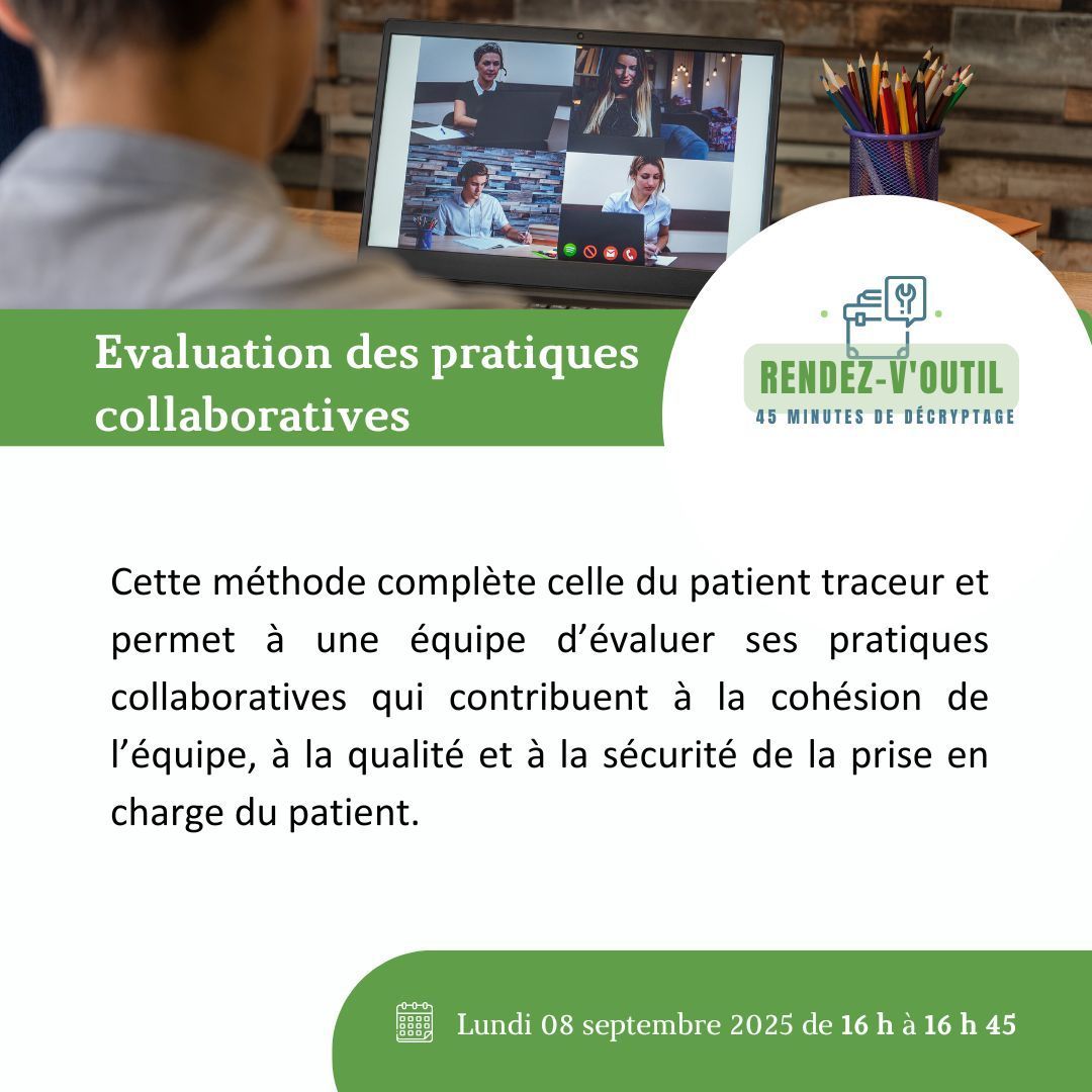 📢𝗣𝗿𝗼𝗰𝗵𝗮𝗶𝗻 𝗥𝗘𝗡𝗗𝗘𝗭-𝗩❜𝗢𝗨𝗧𝗜𝗟 : « Evaluation des pratiques collaboratives »
📅08 septembre 2025
🕘45 minutes

🎯 𝗣𝘂𝗯𝗹𝗶𝗰
➡️ Sans responsabilité d’encadrement soignant
➡️ Encadrants
➡️ Top management

📌 𝗜𝗻𝘀𝗰𝗿𝗶𝘃𝗲𝘇-𝘃𝗼𝘂𝘀 → bit.ly/3I4h6LU