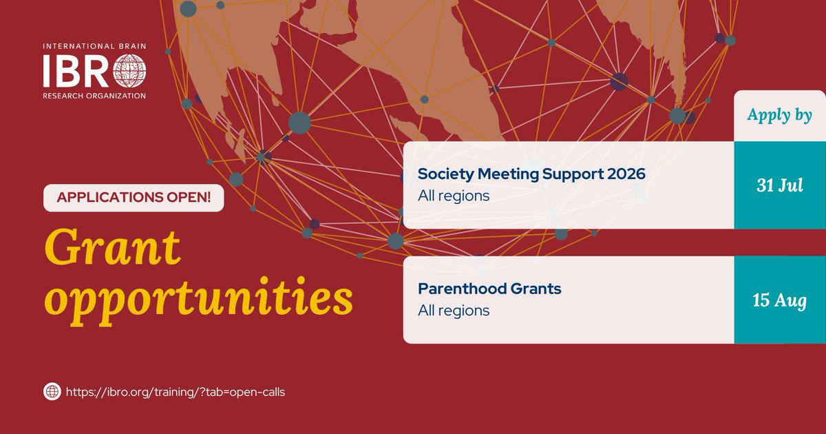 IBROorg's tweet image. 📢 Applications are OPEN! If you’re an #IBROmember planning a meeting or a #neuroscientist navigating early parenthood, check out these #grants & apply before the deadlines! ibro.org/grants/?tab=op…
#IBROinAsiaPacific #IBROinUSCanada #IBROinAfrica #IBROinLatAm #IBROinEurope