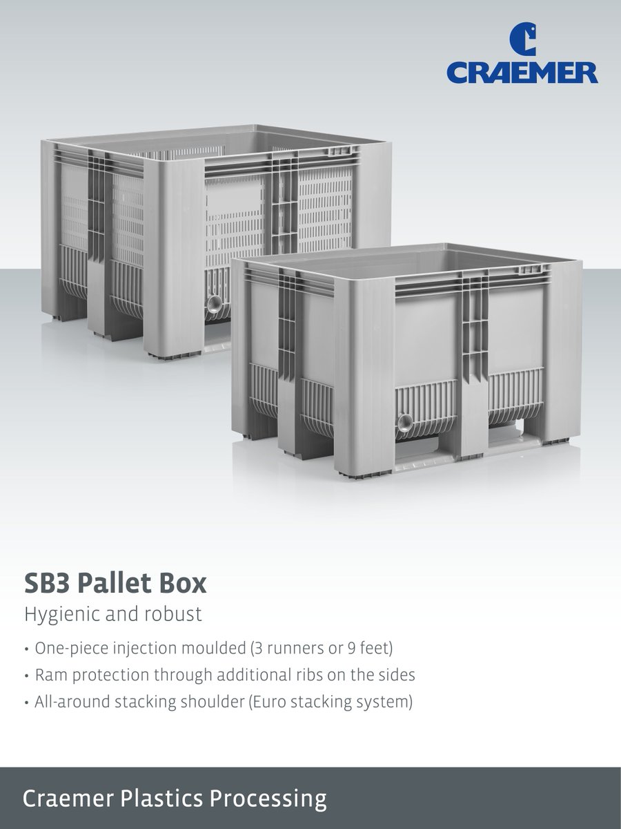 The SB3 pallet box from Craemer comes in closed/ perforated versions, with a choice of 3 runners or 9 feet. Its solid runner or foot connections ensure high strength, while the runner version enables safe lift-tilt emptying with a rotating forklift

craemer.com/uk/large-load-…