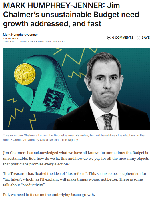 How do we solve the budget problem? Well, it comes down to growth. You need a growing economy to be able to pay for nice things. And, the econoomy is simply not growing fast enough. Unfortunately, it looks like Jim Chalmers could indeed make things worse.

thenightly.com.au/opinion/mark-h…