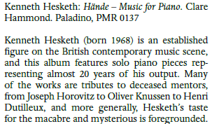 CecilianMusic's tweet photo. Marvellous review by @carolinefrmus in Tempo (July) of
@clare_pianist 's release of @krhes' disc (Hände – Music for Piano): "Brilliantly performed by Hammond, all the works on this disc would be a welcome addition to the repertoire of pianists interested in contemporary music." https://t.co/rjiIDZD4go