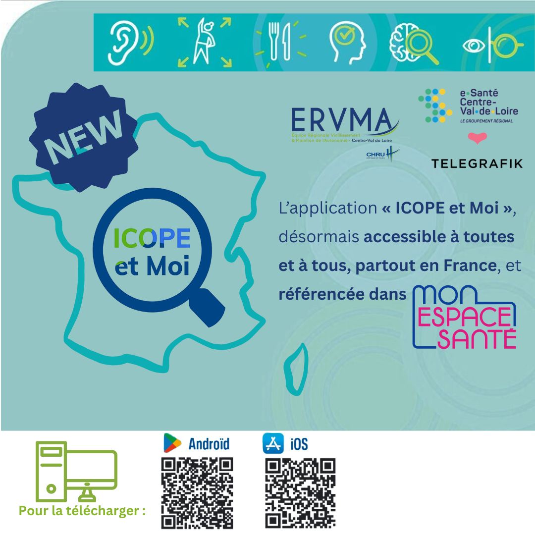 Gérontopôle_ERVMA Centre-Val de Loire (@ervmacvdl) on Twitter photo 🚨 "#ICOPE et Moi" s’ouvre à tous et partout !
🖥️📲Développée par <a href="/tele_grafik/">Telegrafik</a>, avec l’ERVMA et le <a href="/GIPeSanteCentre/">GRADeS e-Santé Centre-Val de Loire</a>, l’appli est désormais accessible partout en France, et non plus seulement en <a href="/RCValdeLoire/">Région Centre-Val de Loire</a> , et référencée dans "Mon Espace Santé" !
➡️A vos téléchargements ! 🚨 "#ICOPE et Moi" s’ouvre à tous et partout !
🖥️📲Développée par <a href="/tele_grafik/">Telegrafik</a>, avec l’ERVMA et le <a href="/GIPeSanteCentre/">GRADeS e-Santé Centre-Val de Loire</a>, l’appli est désormais accessible partout en France, et non plus seulement en <a href="/RCValdeLoire/">Région Centre-Val de Loire</a> , et référencée dans "Mon Espace Santé" !
➡️A vos téléchargements !