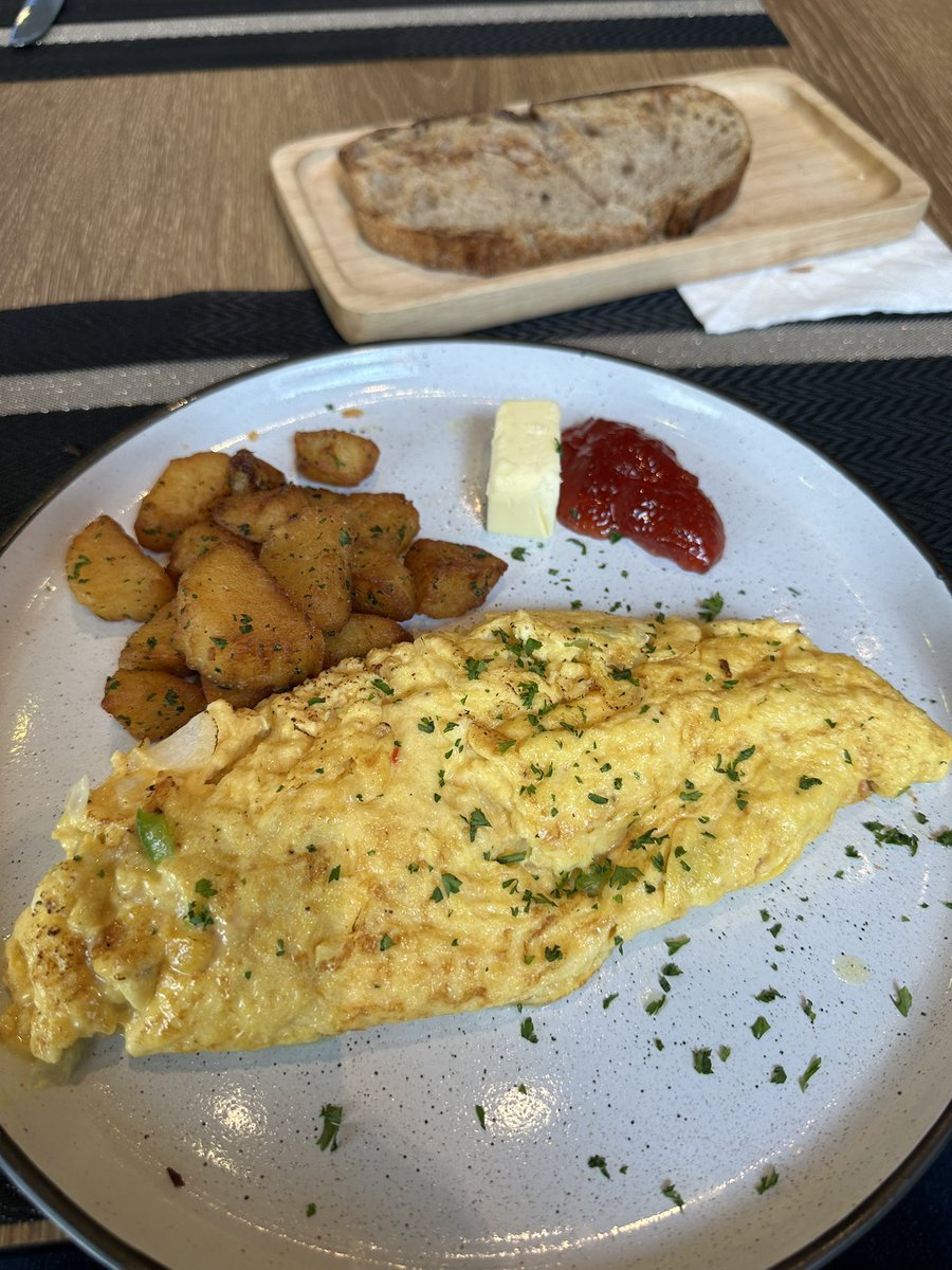 Hey Chef, what’s staff lunch?  He he he, chicken. I know what he he he means. I’ll have the everything omelette please