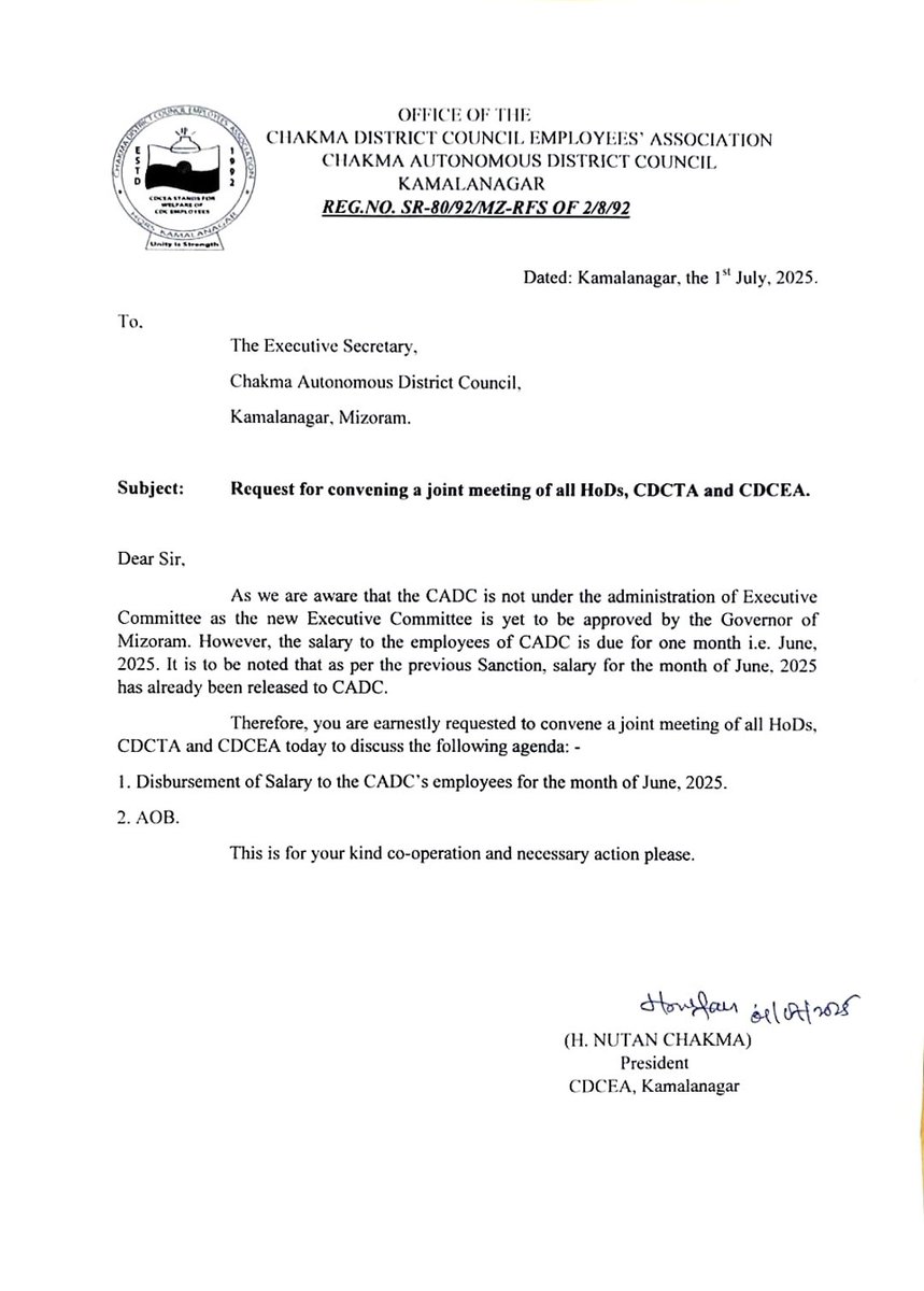 CDCEAOfficial's tweet photo. CDCEA approach the Executive Secretary, Chakma Autonomous District Council today requesting him to convene a joint meeting of all HoDs, CDCTA and CDCEA to discuss for disbursement of June's Salary to the employees.

#CDCEA
#CADCEmployees https://t.co/AXHaU4HUO8