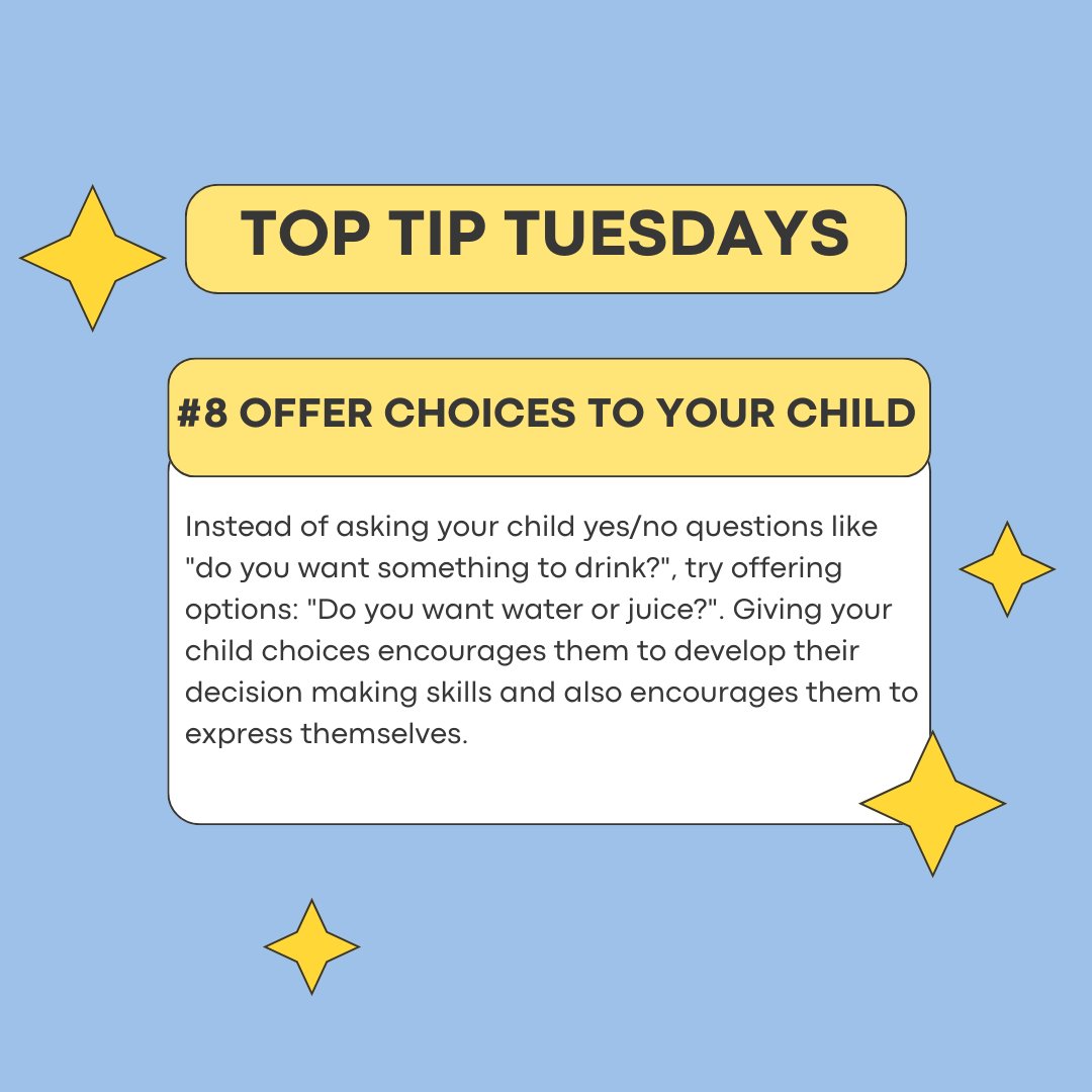 littleTalkSLT's tweet image. 🌟 Top Tip Tuesday 🌟
#8 Offer Choices to Your Child✨
Instead of yes/no questions, try offering simple choices like:
“Do you want water or juice?”
Why? Giving your child options helps them practice expressive language and also builds confidence!
#TopTipTuesday #ParentTips