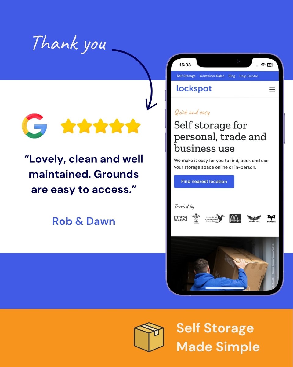 ⭐⭐⭐⭐⭐ A big thank you to Rob and Dawn for using Lockspot! 

We're strict about keeping our storage sites well- maintained and clean to ensure everyone receives top-notch quality service. 

#LockspotUK #LockspotStorage #GoogleReview #SummerStorage