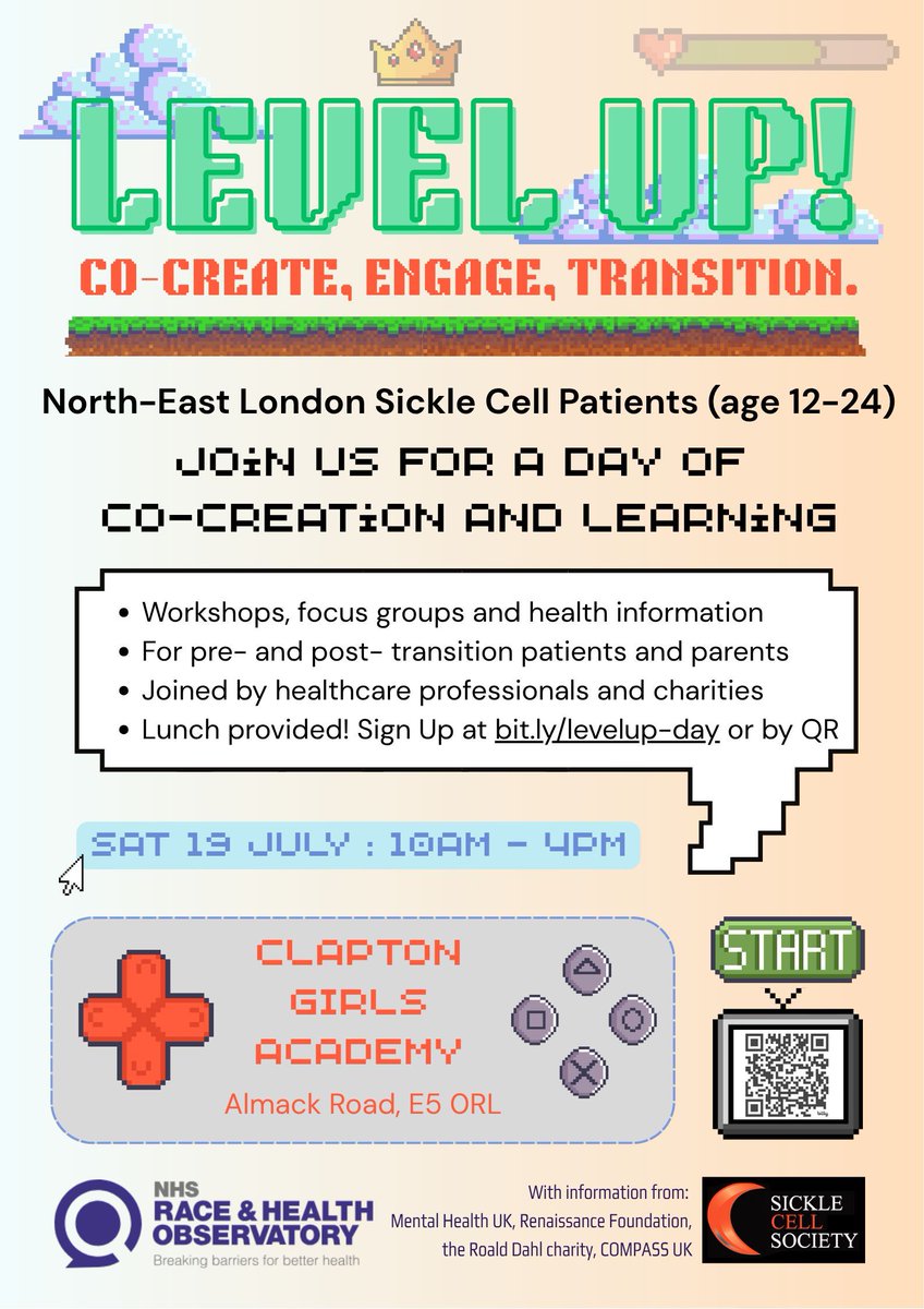 SickleCellUK's tweet image. 📣 Calling all 12–24 y/o sickle cell patients in NE London (+ parents)!
Join us Sat 19 July for a fun, interactive day of workshops, learning & co-production 🧠🎮 Help shape transition care!🔗 Sign up: bit.ly/levelup-day #SickleCell #LevelUp #YouthVoice #NHSVoice