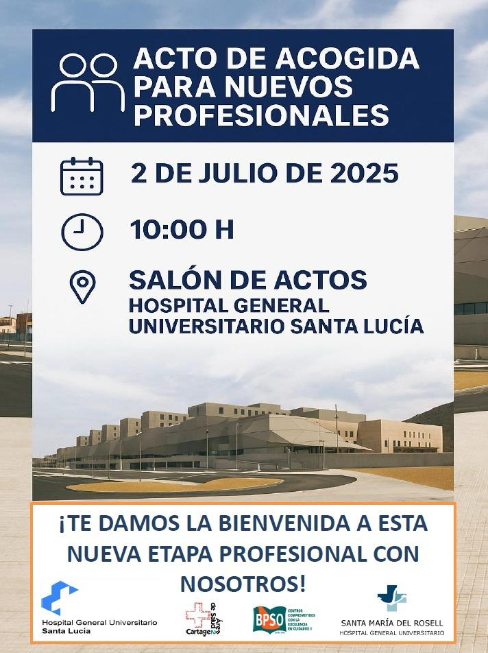 @Area2Cartagena (@area2cartagena) on Twitter photo Damos mañana la bienvenida a los nuevos profesionales que inician con nosotros su etapa profesional.
Recuerda:
🗓 2 de julio
10.00 horas
Salón de actos del Hospital. Santa Lucía
<a href="/HuciLucia/">SantaLuciaHUCI</a> <a href="/CirugiaHgu/">Cirugia Endocrina_HGU Santa Lucia</a> <a href="/anestesiactg/">AnestesiaCartagena</a> <a href="/NeumoCT/">Neumología HGU. Santa Lucía Cartagena</a> <a href="/Urgencias_HGUSL/">urgencias HGUSL Cartagena</a> Damos mañana la bienvenida a los nuevos profesionales que inician con nosotros su etapa profesional.
Recuerda:
🗓 2 de julio
10.00 horas
Salón de actos del Hospital. Santa Lucía
<a href="/HuciLucia/">SantaLuciaHUCI</a> <a href="/CirugiaHgu/">Cirugia Endocrina_HGU Santa Lucia</a> <a href="/anestesiactg/">AnestesiaCartagena</a> <a href="/NeumoCT/">Neumología HGU. Santa Lucía Cartagena</a> <a href="/Urgencias_HGUSL/">urgencias HGUSL Cartagena</a>