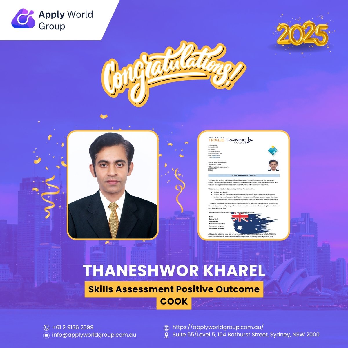 ApplyWorldGroup's tweet image. Congratulations on having a Positive Outcome as a Cook on your Skills Assessment, Mr. Thaneshwor Kharel! Thank you for choosing Apply World Group to help you!

#applyworldgroup #skillsassessment #positiveoutcome #chef #congratulations #successfulclient
